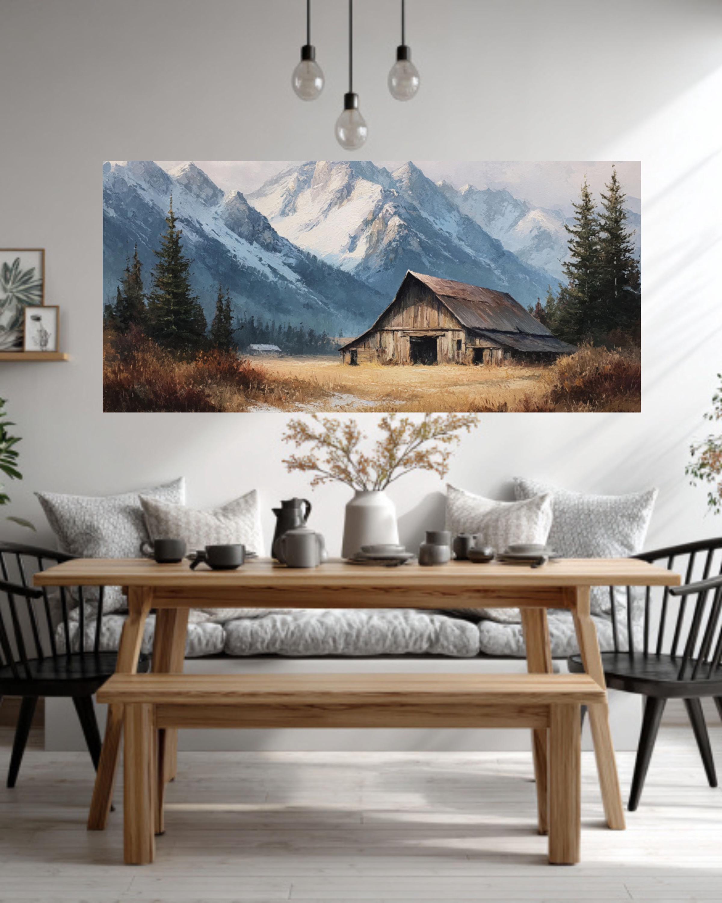 Rustic Barn & Snowy Mountain Wall Art – Farmhouse Winter Landscape Canvas Print