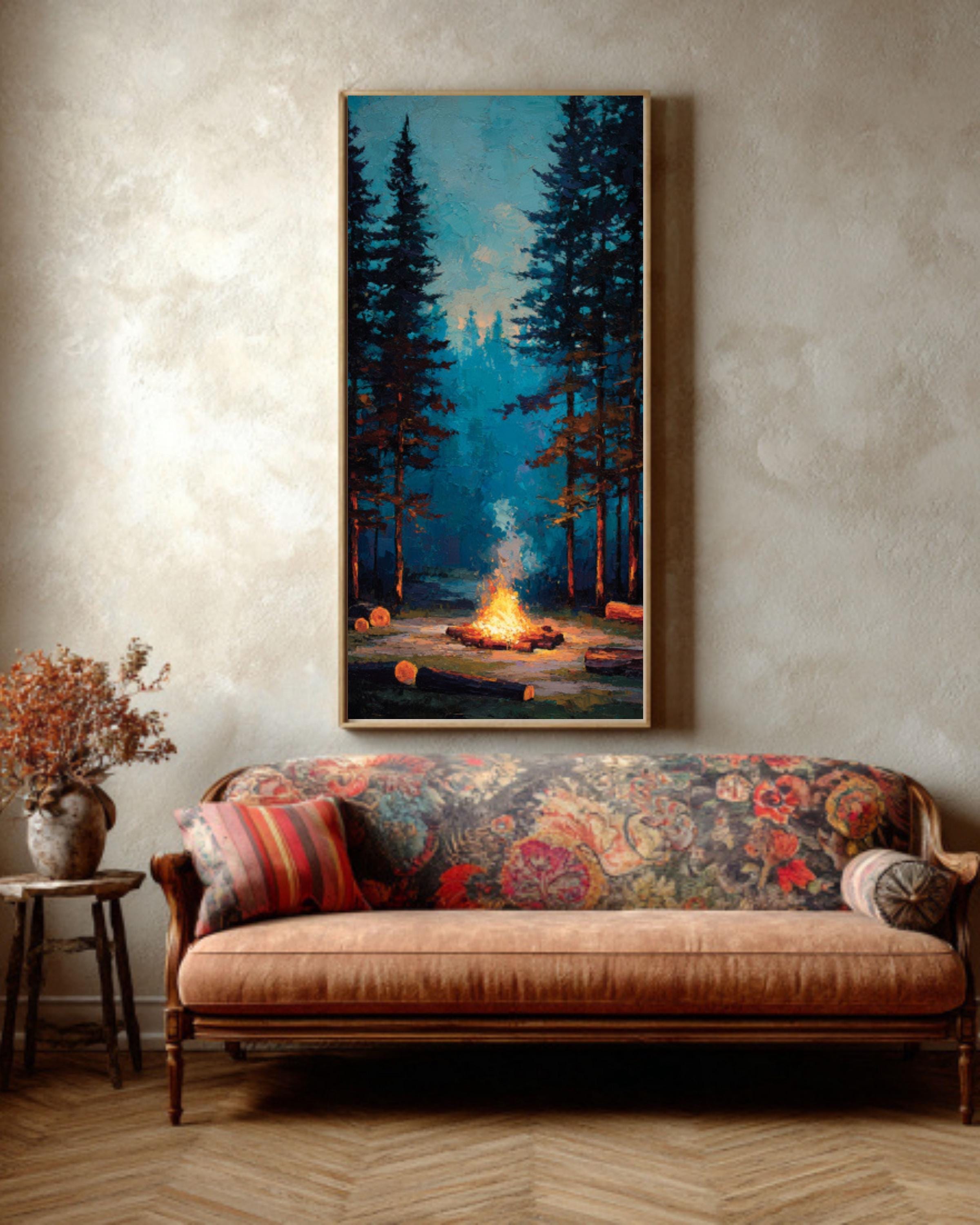 Rustic Campfire Pine Forest Wall Art – Cozy Woodland Landscape Canvas Print