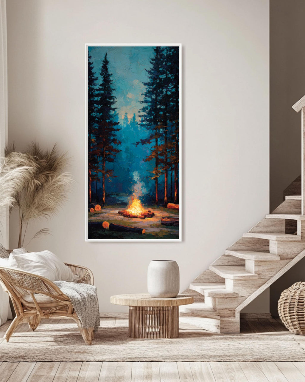 Rustic Campfire Pine Forest Wall Art – Cozy Woodland Landscape Canvas Print