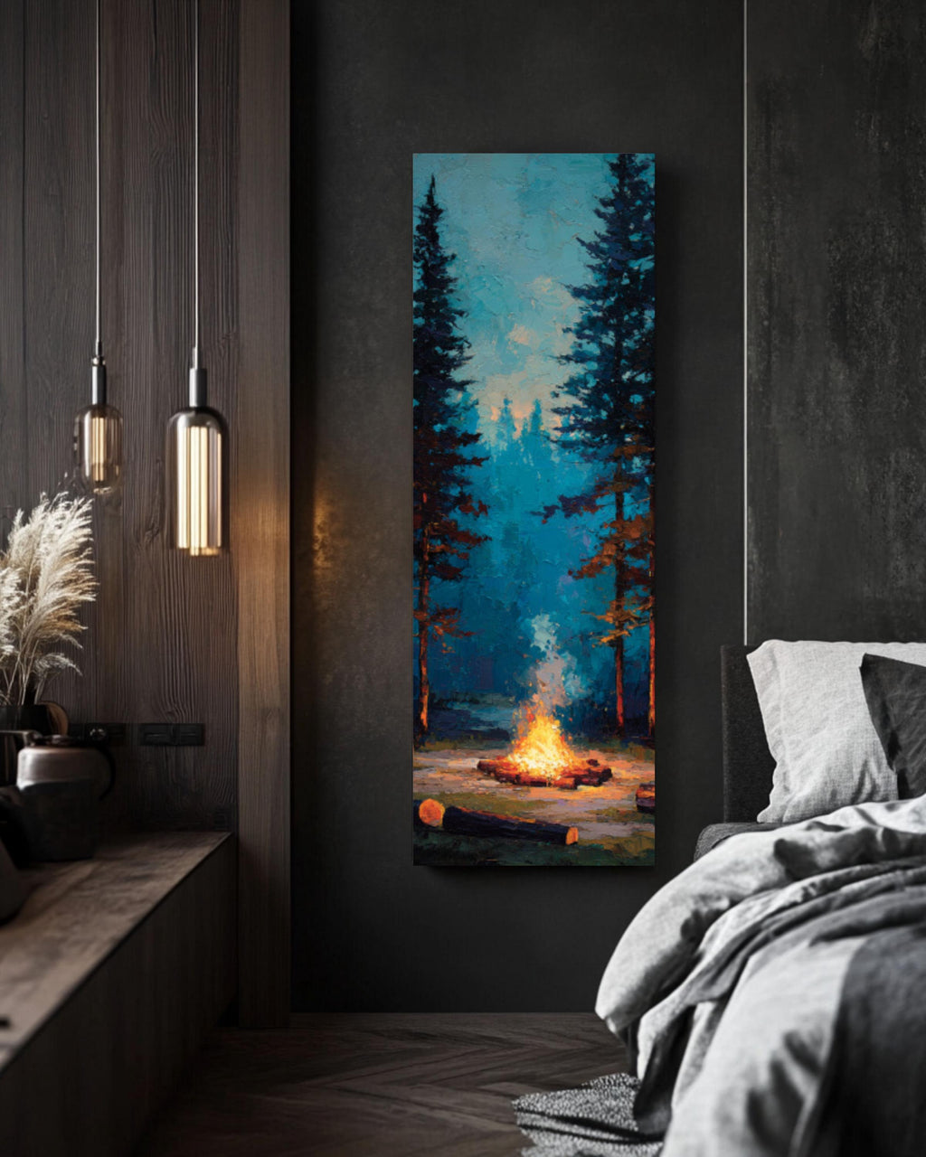 Rustic Campfire Pine Forest Wall Art – Cozy Woodland Landscape Canvas Print