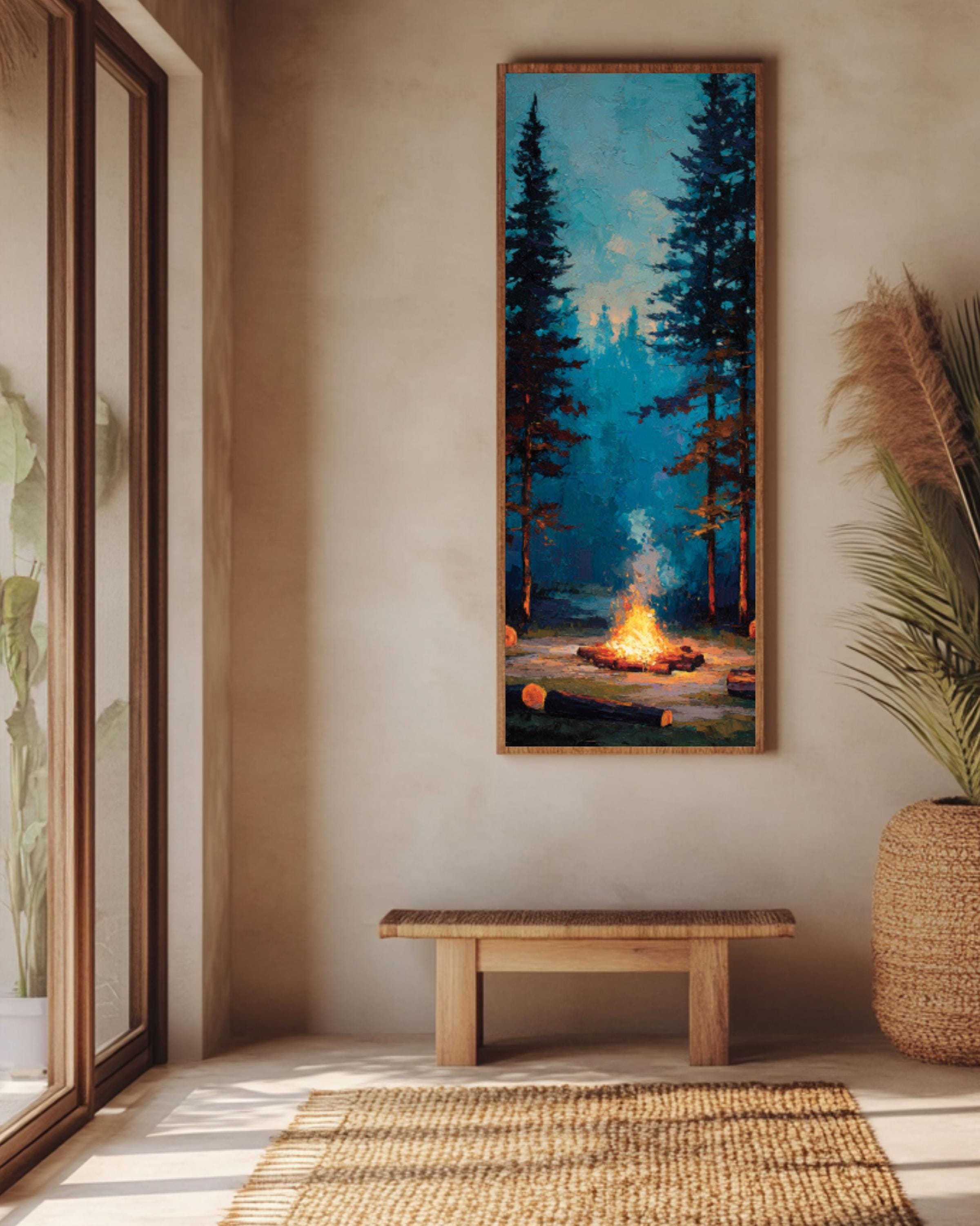 Rustic Campfire Pine Forest Wall Art – Cozy Woodland Landscape Canvas Print