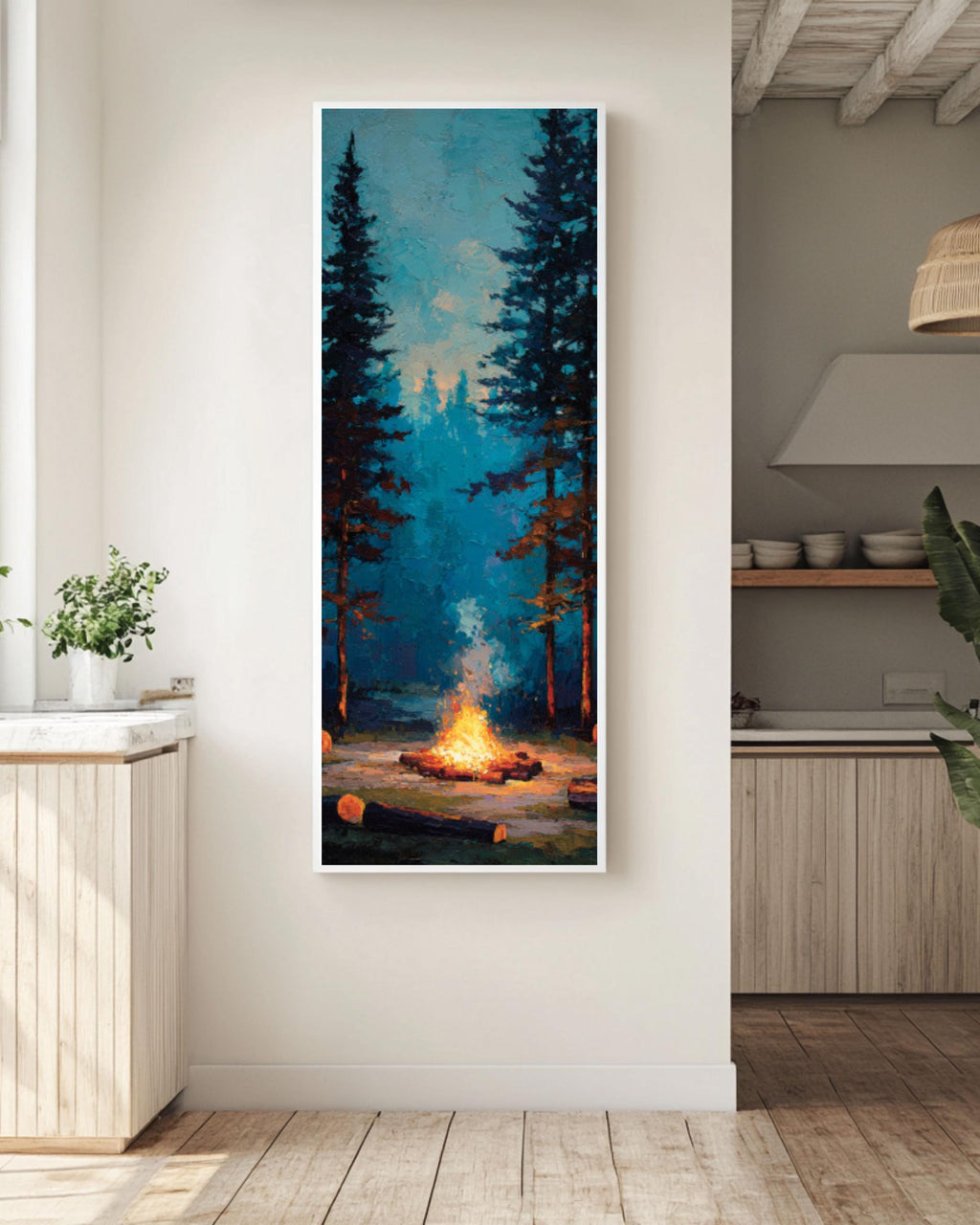 Rustic Campfire Pine Forest Wall Art – Cozy Woodland Landscape Canvas Print