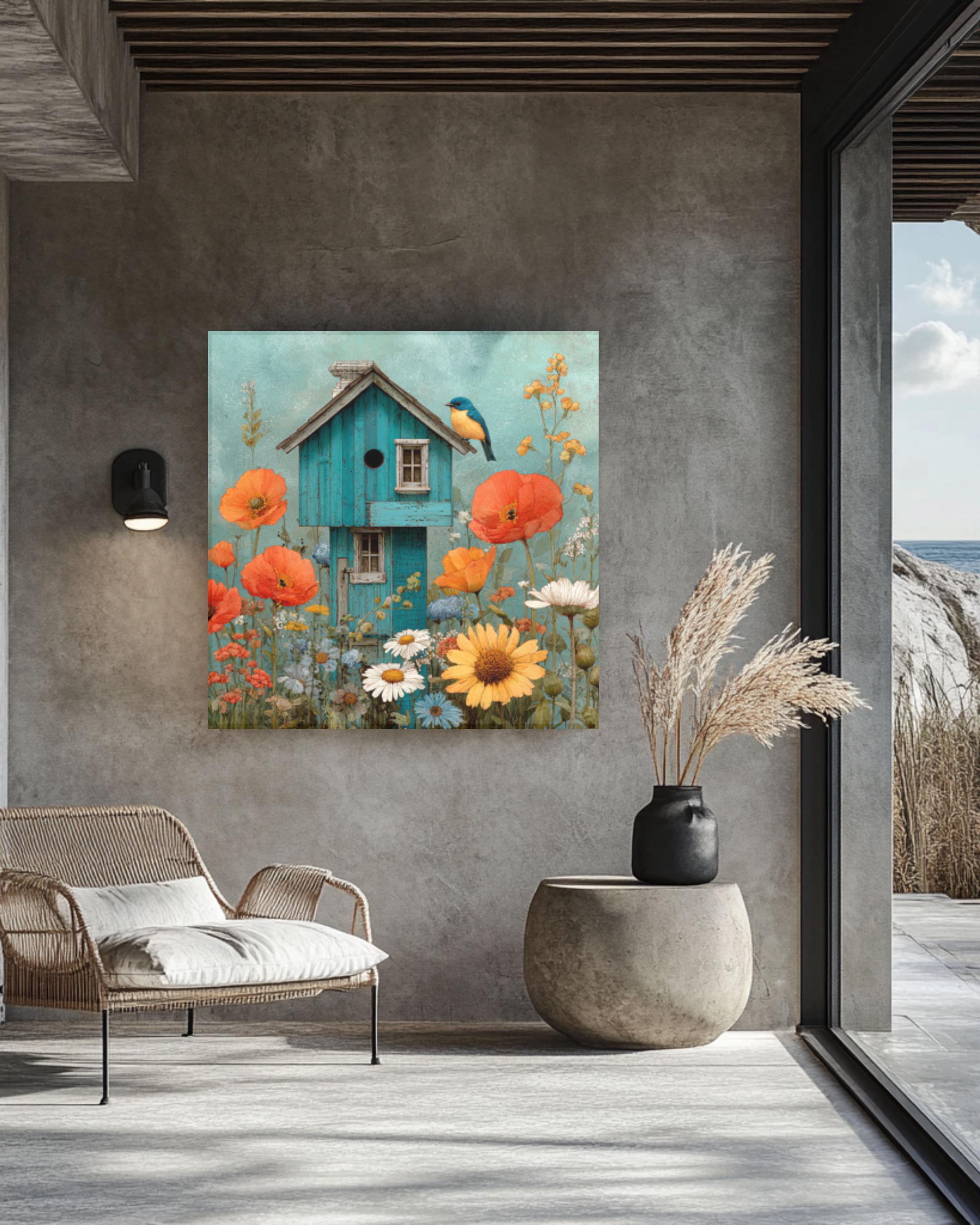 Watercolor Birdhouse Garden Wall Art – Bluebird & Wildflowers Canvas Print