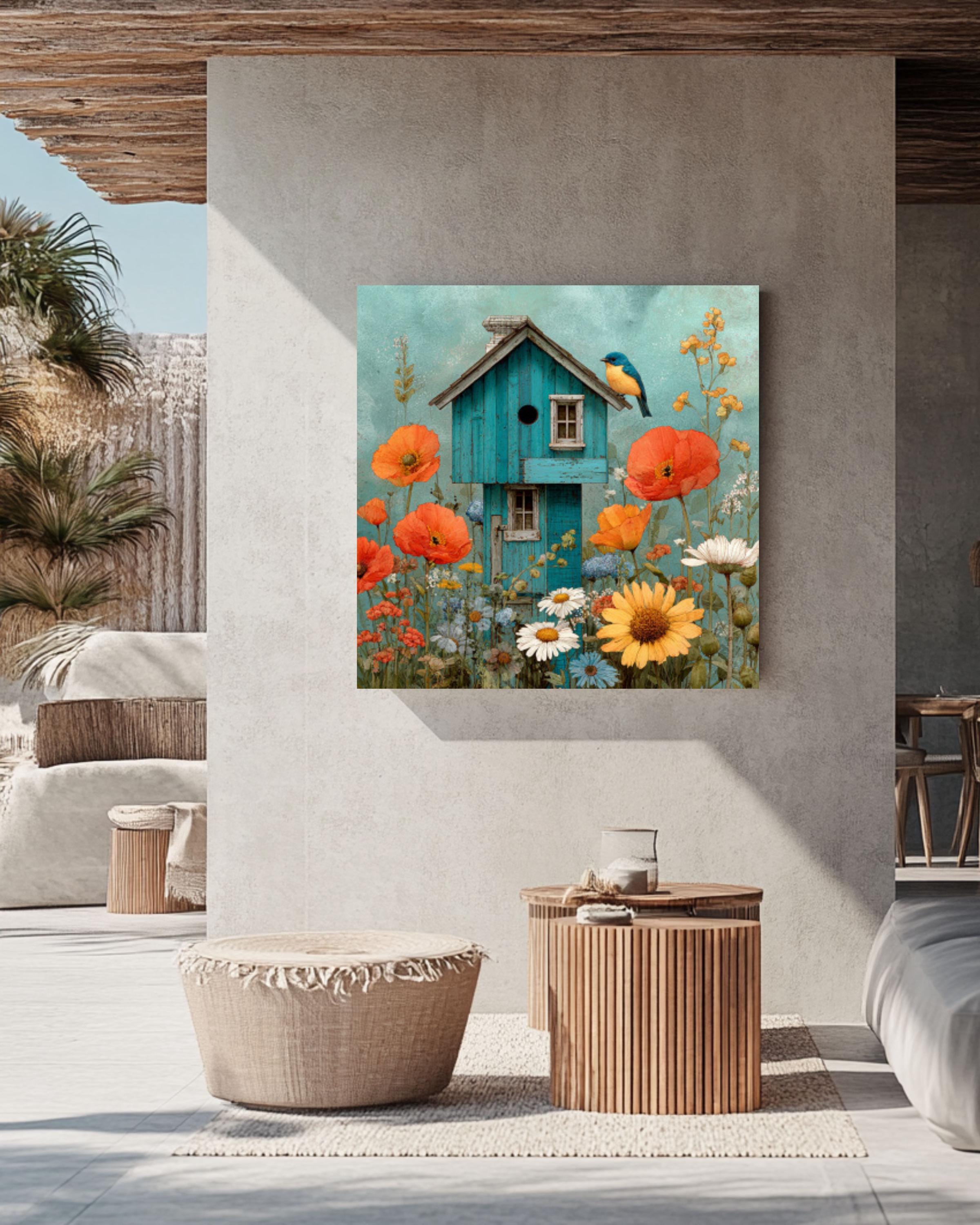 Watercolor Birdhouse Garden Wall Art – Bluebird & Wildflowers Canvas Print