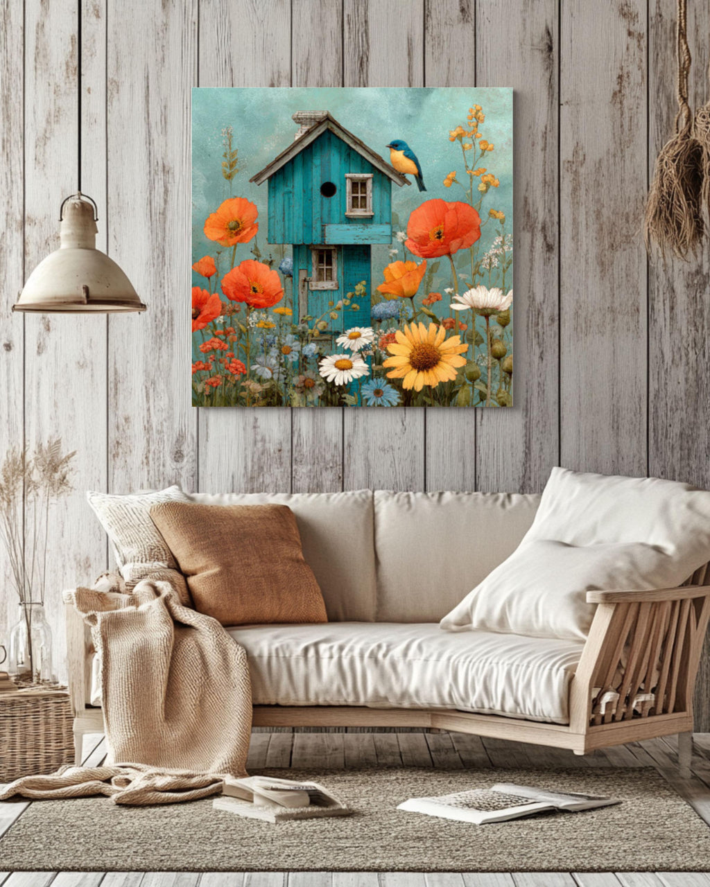Watercolor Birdhouse Garden Wall Art – Bluebird & Wildflowers Canvas Print