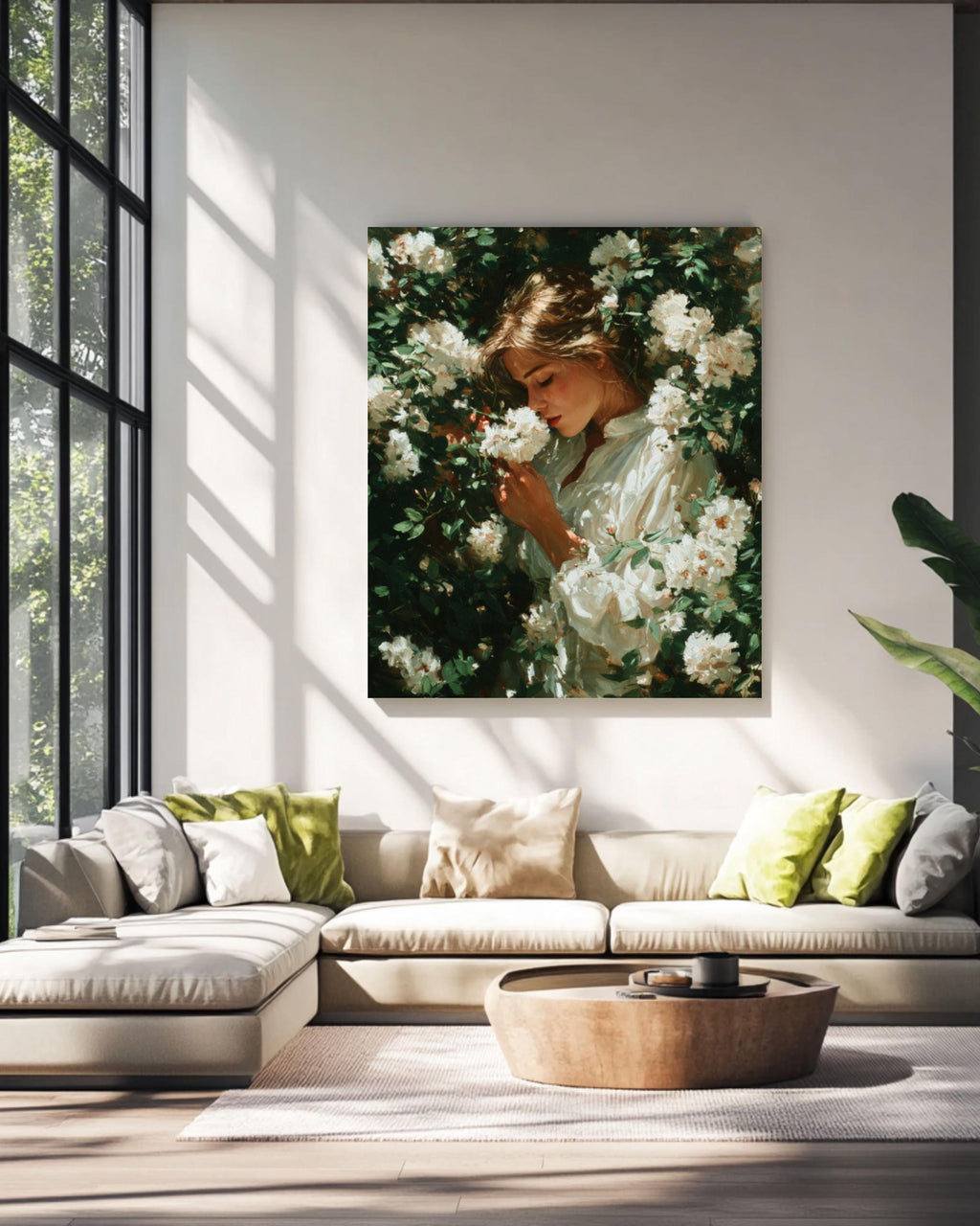 Woman with Flowers Oil Painting Wall Art – Elegant Floral Portrait Canvas Print
