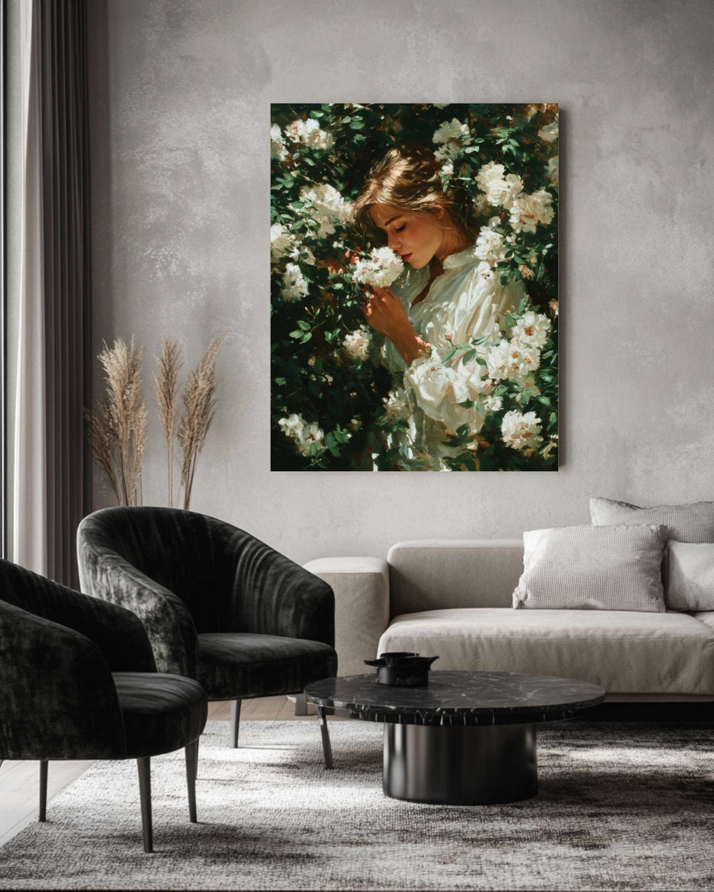 Woman with Flowers Oil Painting Wall Art – Elegant Floral Portrait Canvas Print