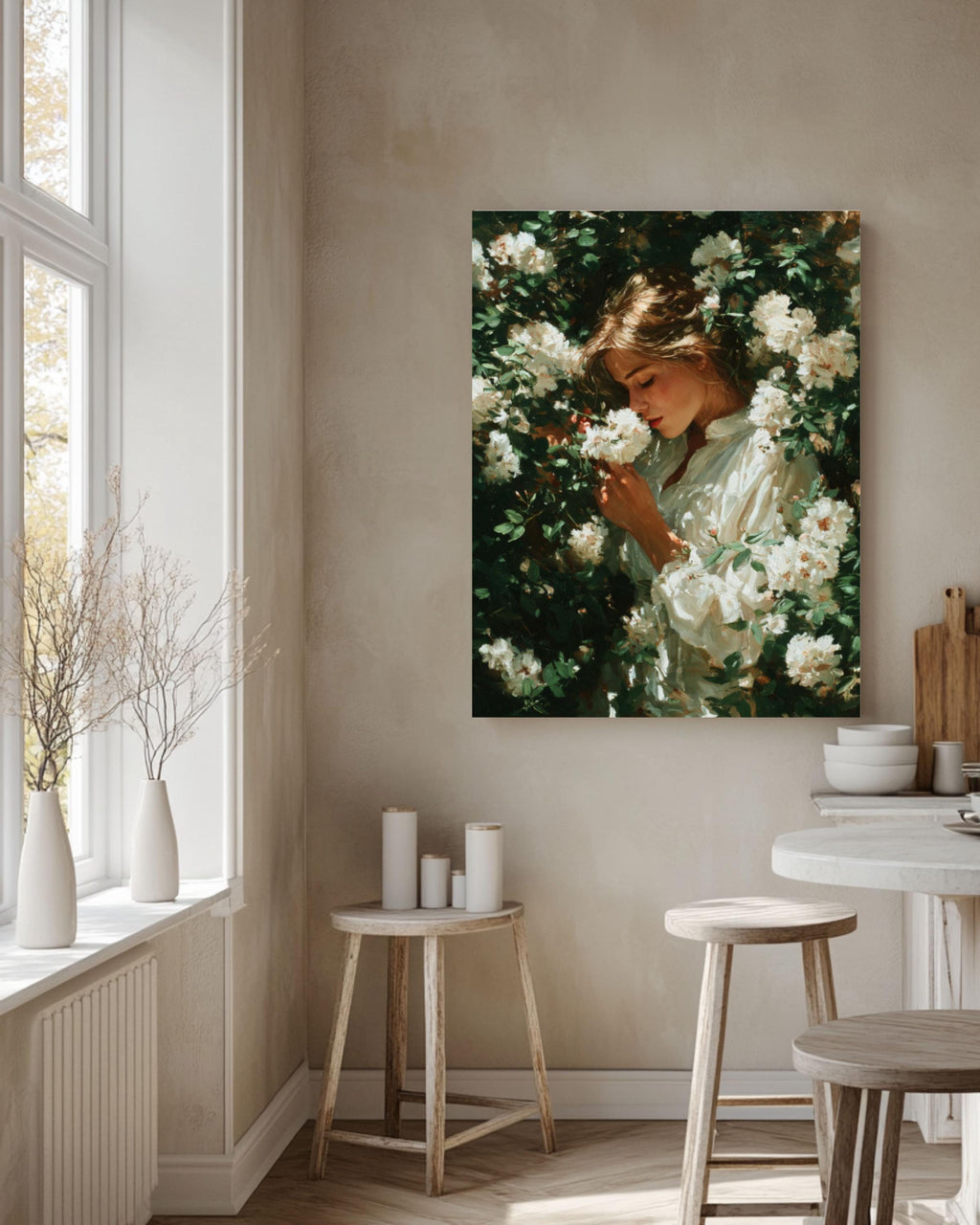 Woman with Flowers Oil Painting Wall Art – Elegant Floral Portrait Canvas Print