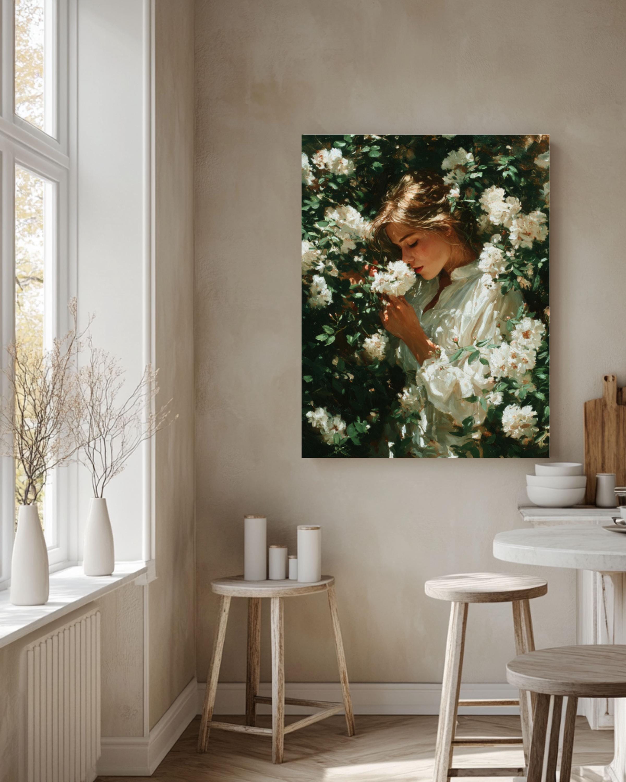 Woman with Flowers Oil Painting Wall Art – Elegant Floral Portrait Canvas Print