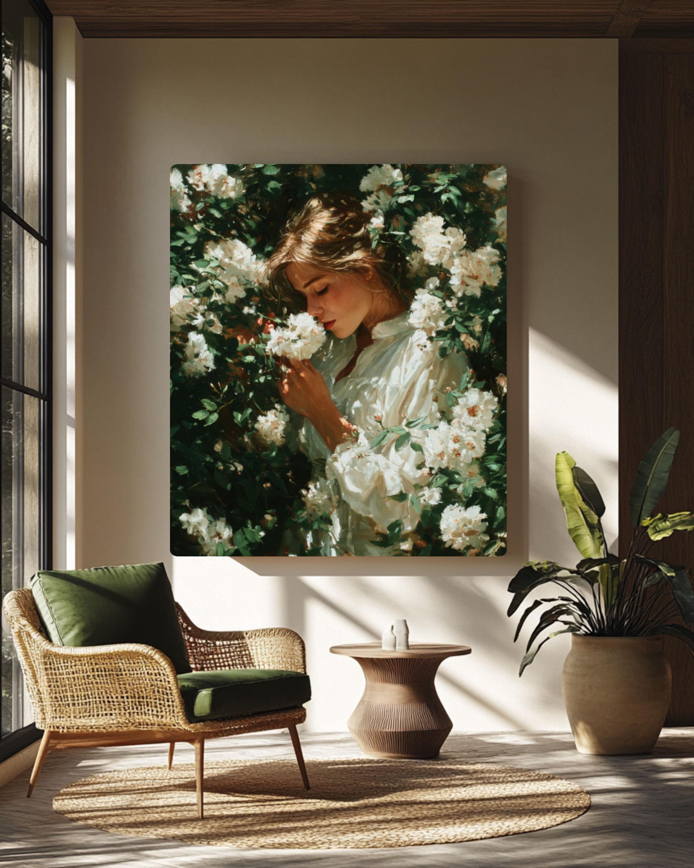 Woman with Flowers Oil Painting Wall Art – Elegant Floral Portrait Canvas Print