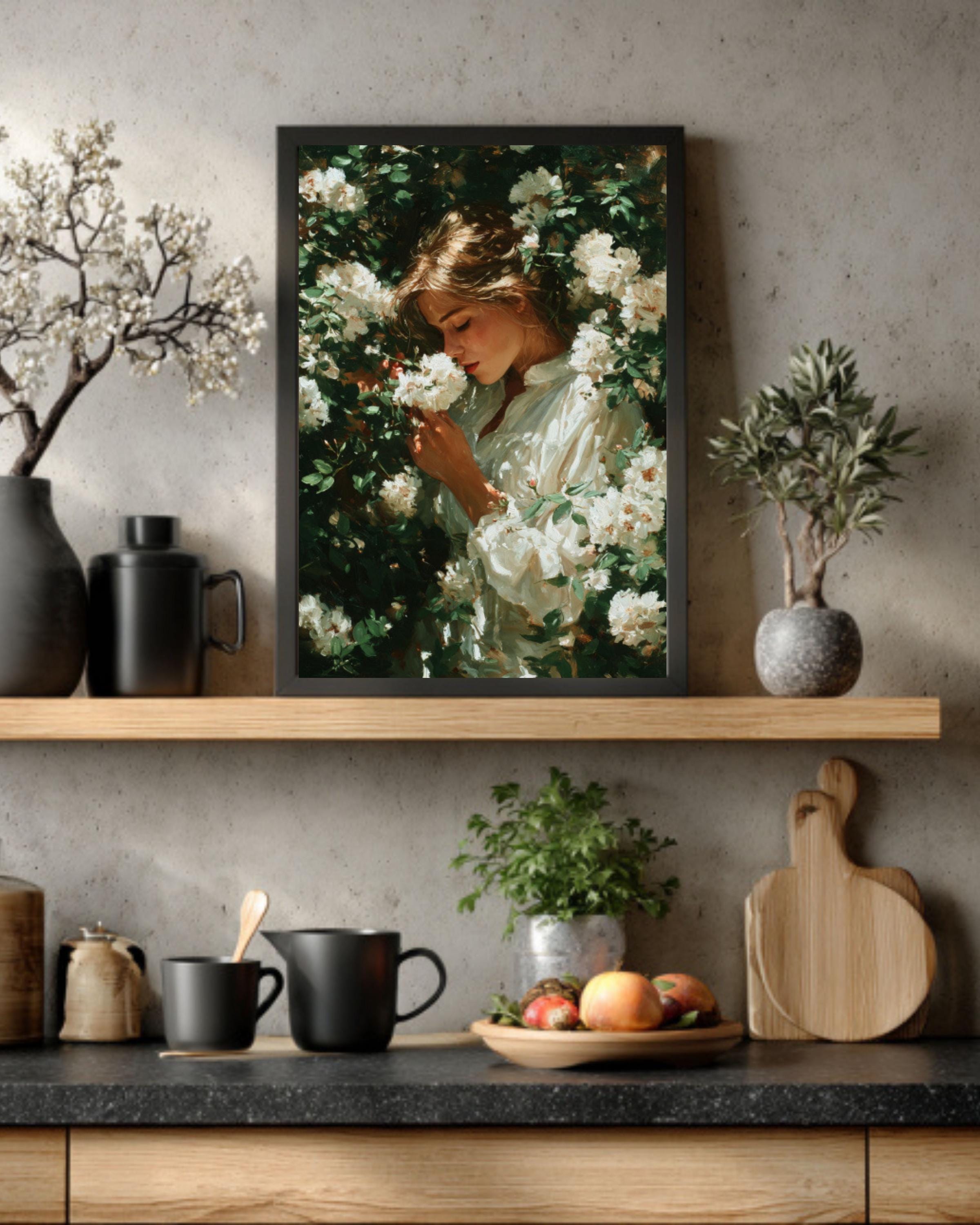 Woman with Flowers Oil Painting Wall Art – Elegant Floral Portrait Canvas Print