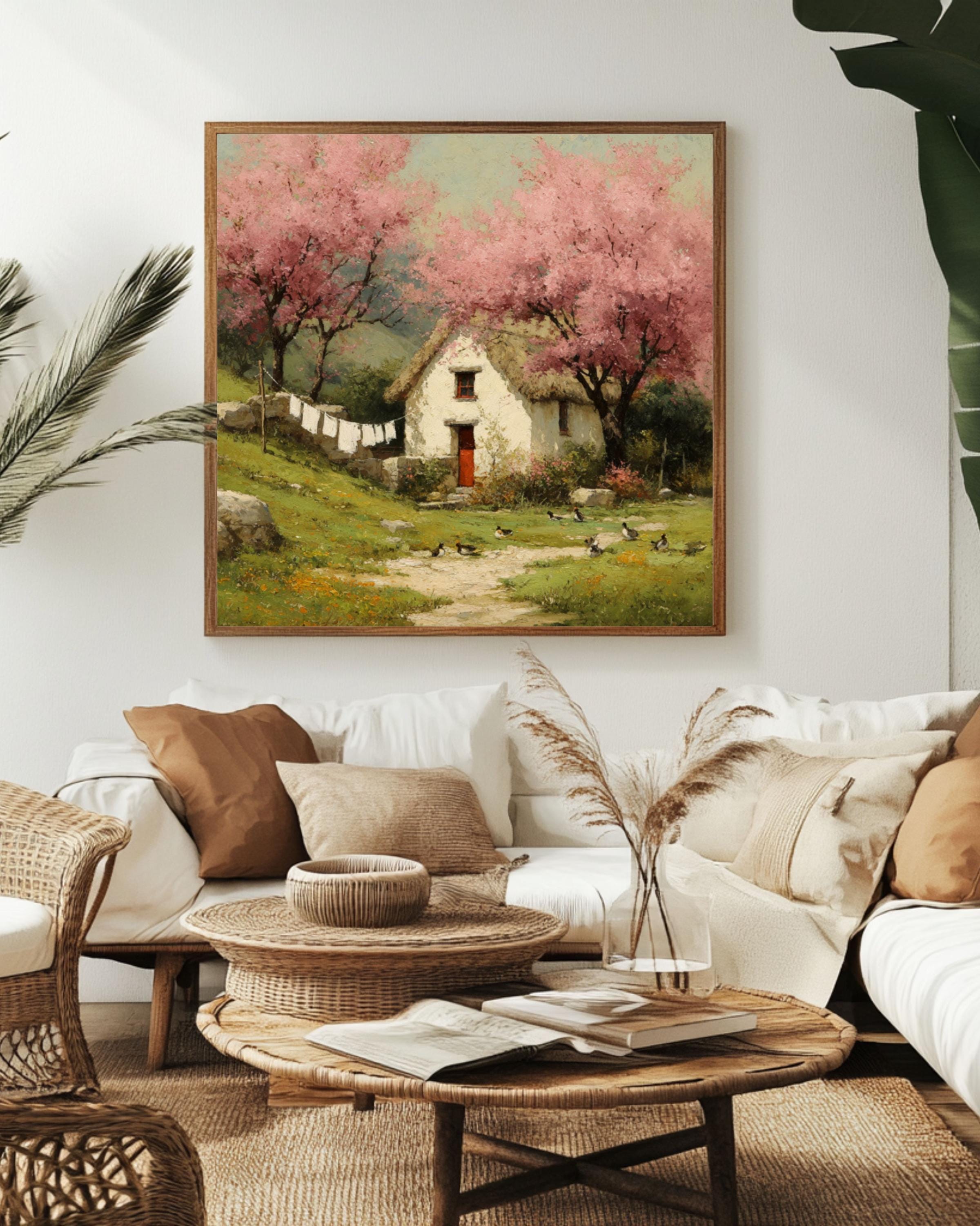 Cottage Spring Landscape Wall Art – Vintage Duck Family & Cherry Blossom Canvas Print