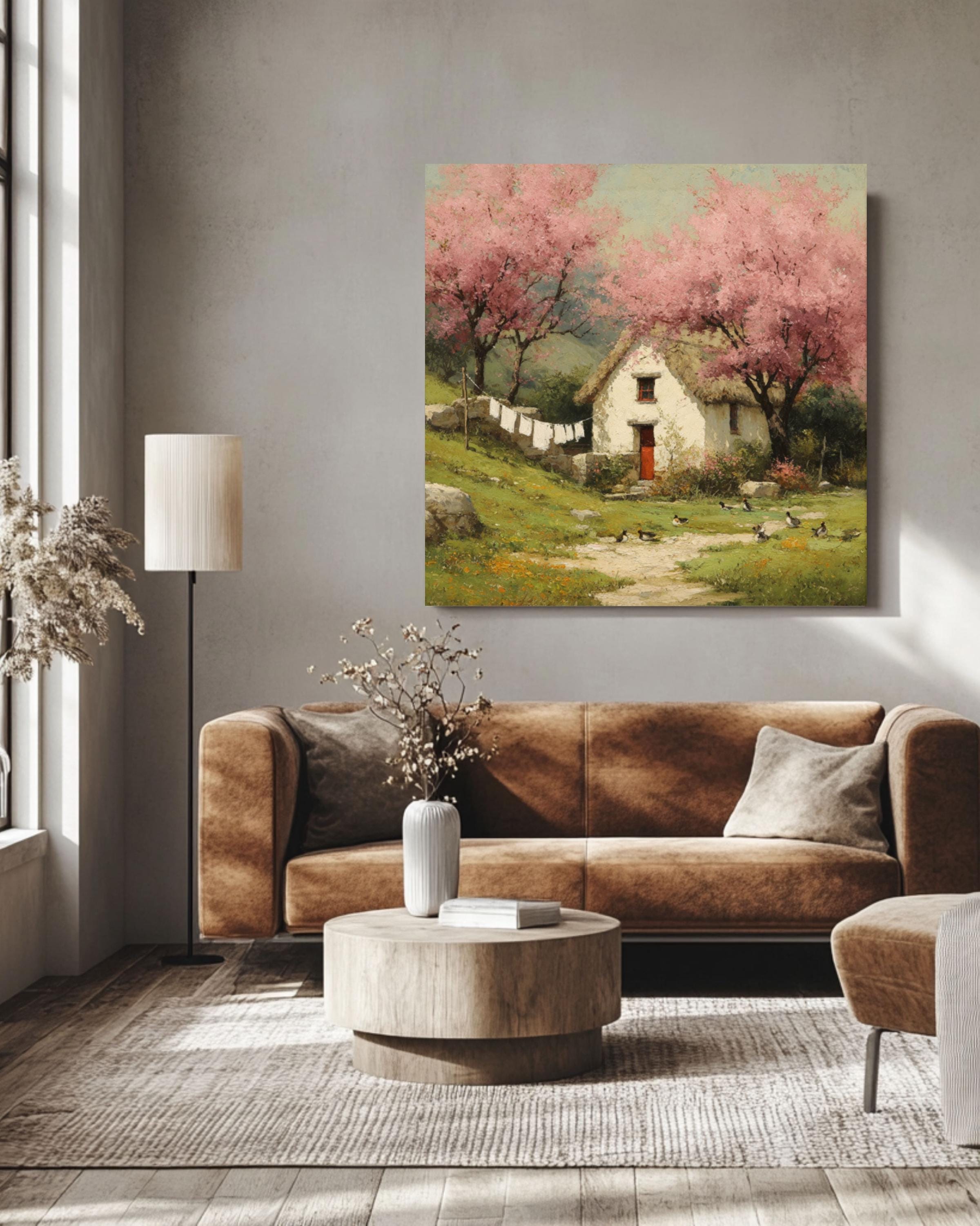 Cottage Spring Landscape Wall Art – Vintage Duck Family & Cherry Blossom Canvas Print