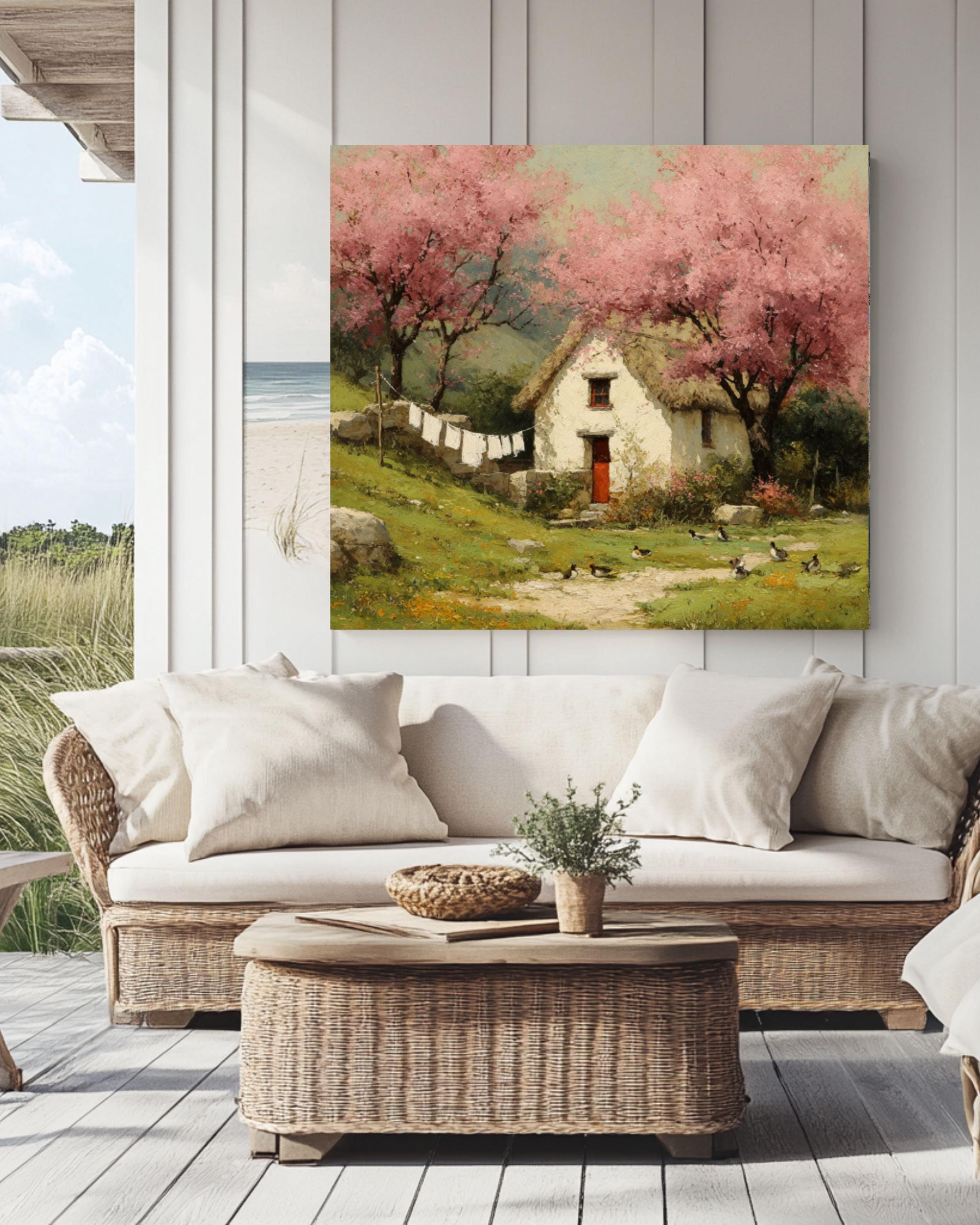 Cottage Spring Landscape Wall Art – Vintage Duck Family & Cherry Blossom Canvas Print