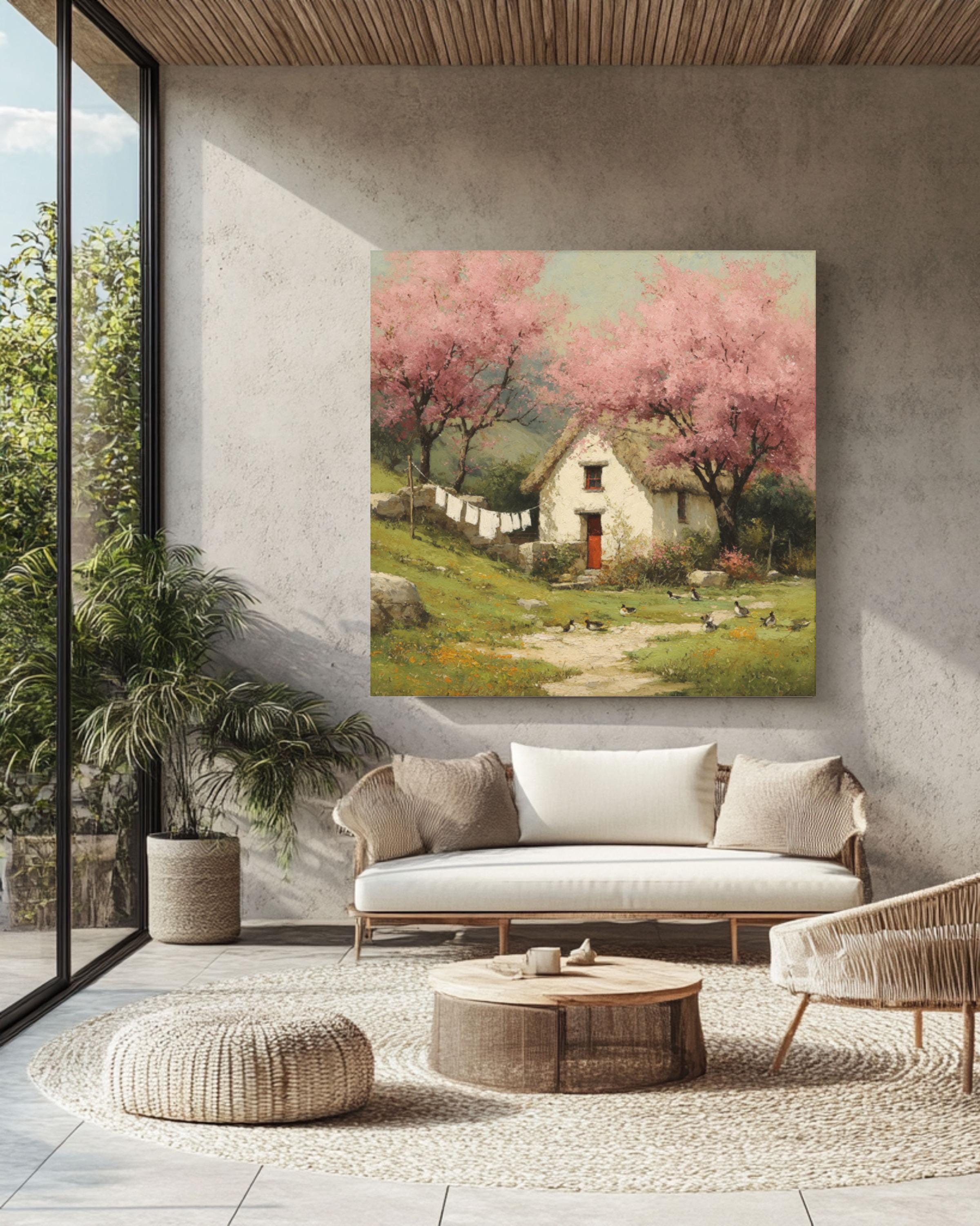Cottage Spring Landscape Wall Art – Vintage Duck Family & Cherry Blossom Canvas Print