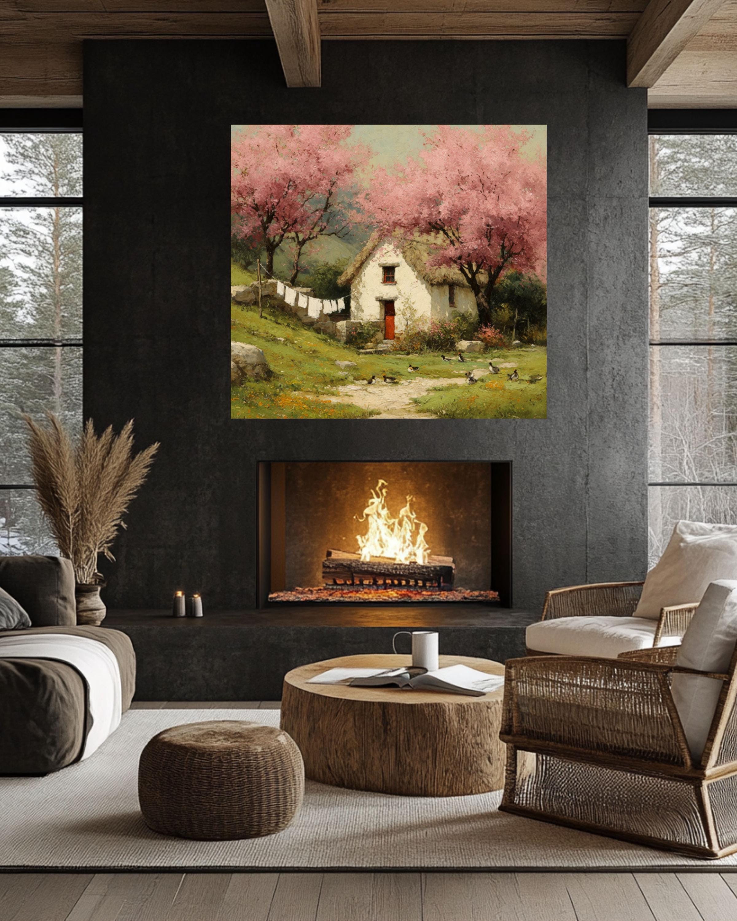 Cottage Spring Landscape Wall Art – Vintage Duck Family & Cherry Blossom Canvas Print