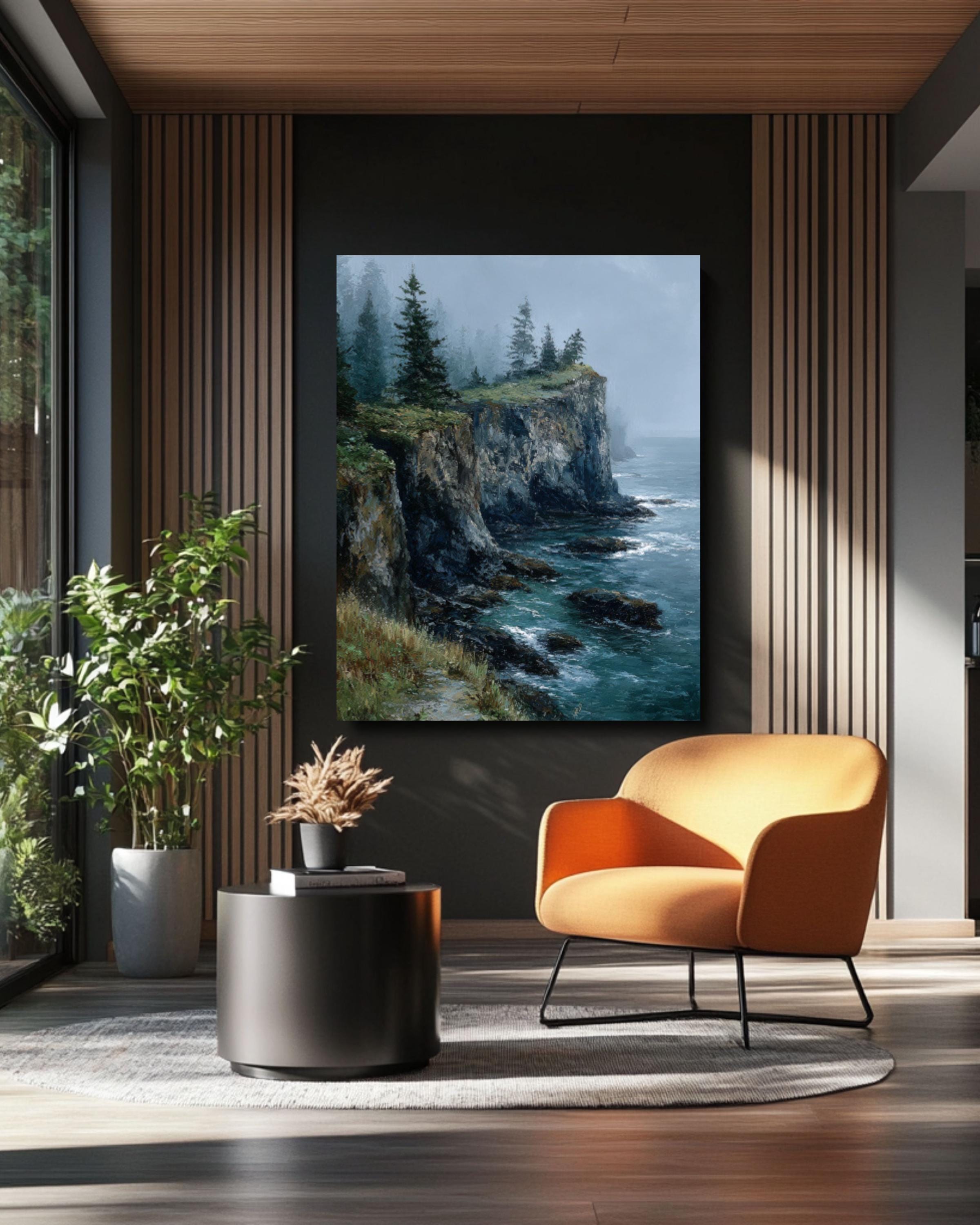 Moody Ocean Cliffside Landscape Wall Art – Foggy Pine Coastal Oil Painting Canvas Print