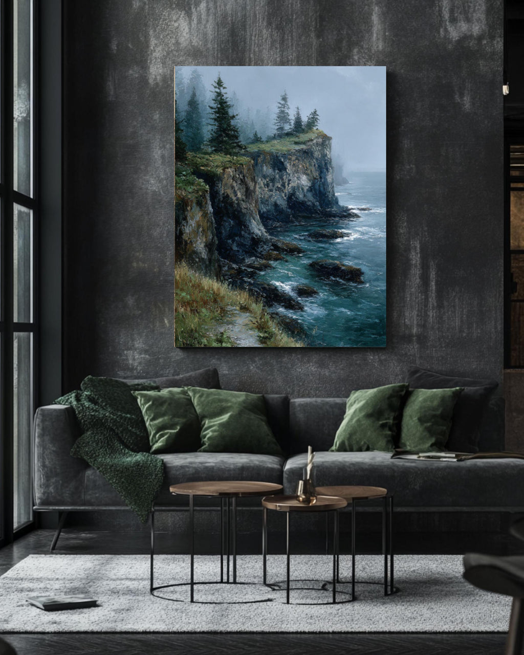 Moody Ocean Cliffside Landscape Wall Art – Foggy Pine Coastal Oil Painting Canvas Print