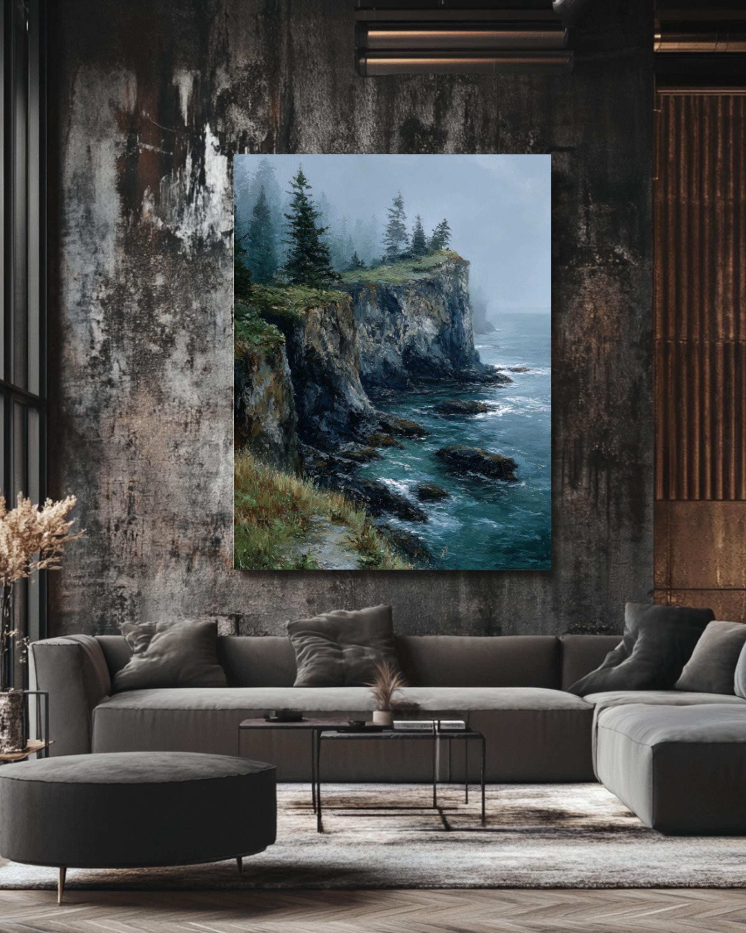 Moody Ocean Cliffside Landscape Wall Art – Foggy Pine Coastal Oil Painting Canvas Print