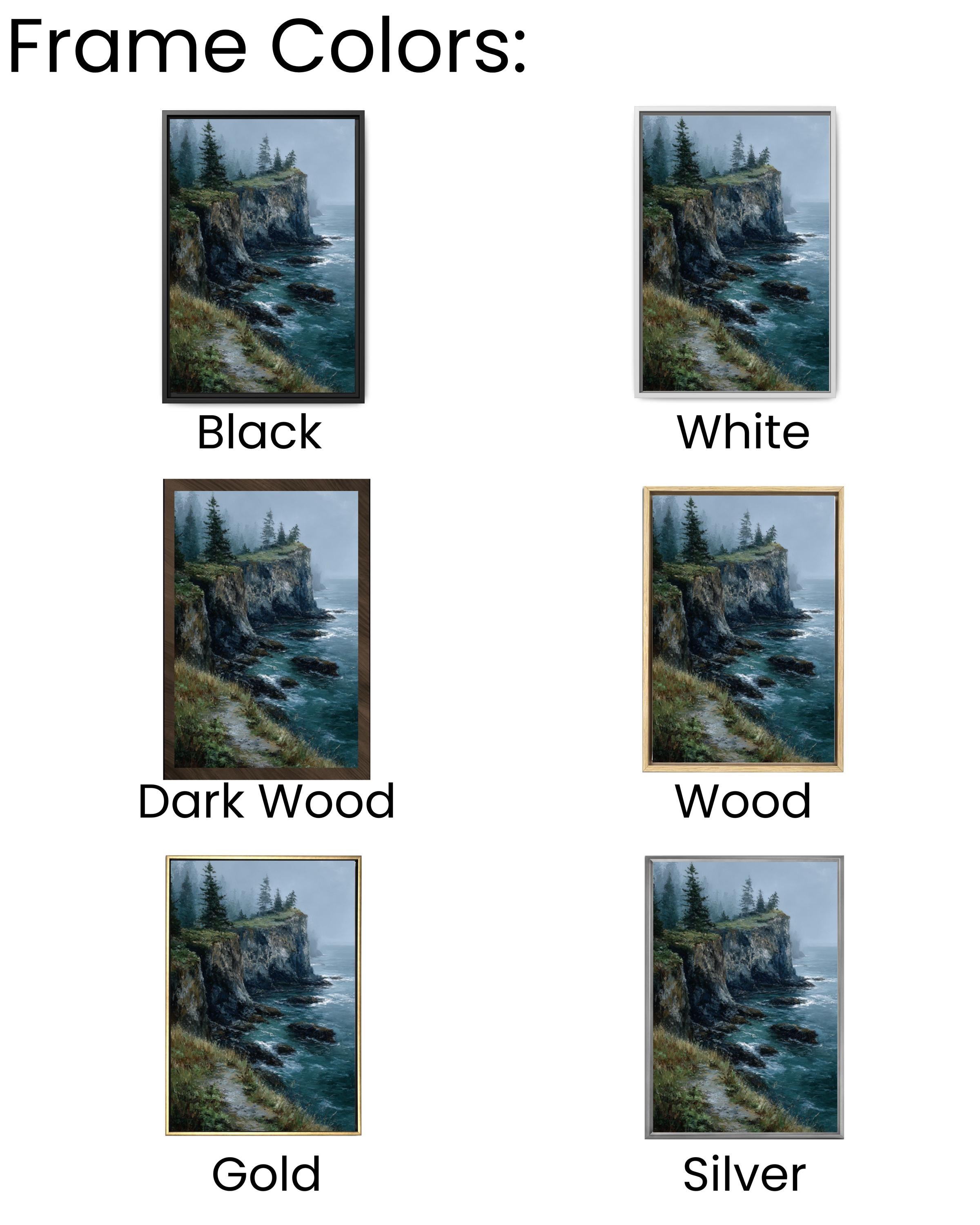 Moody Ocean Cliffside Landscape Wall Art – Foggy Pine Coastal Oil Painting Canvas Print