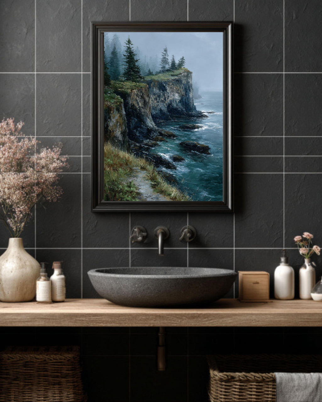 Moody Ocean Cliffside Landscape Wall Art – Foggy Pine Coastal Oil Painting Canvas Print