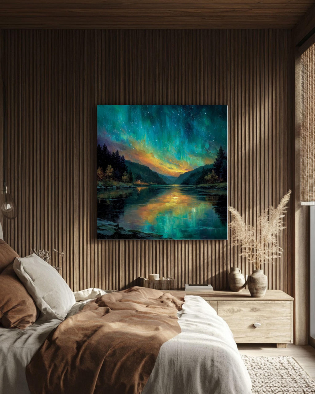 Northern Lights Aurora Borealis Wall Art – Turquoise Orange Sky Landscape Canvas Print