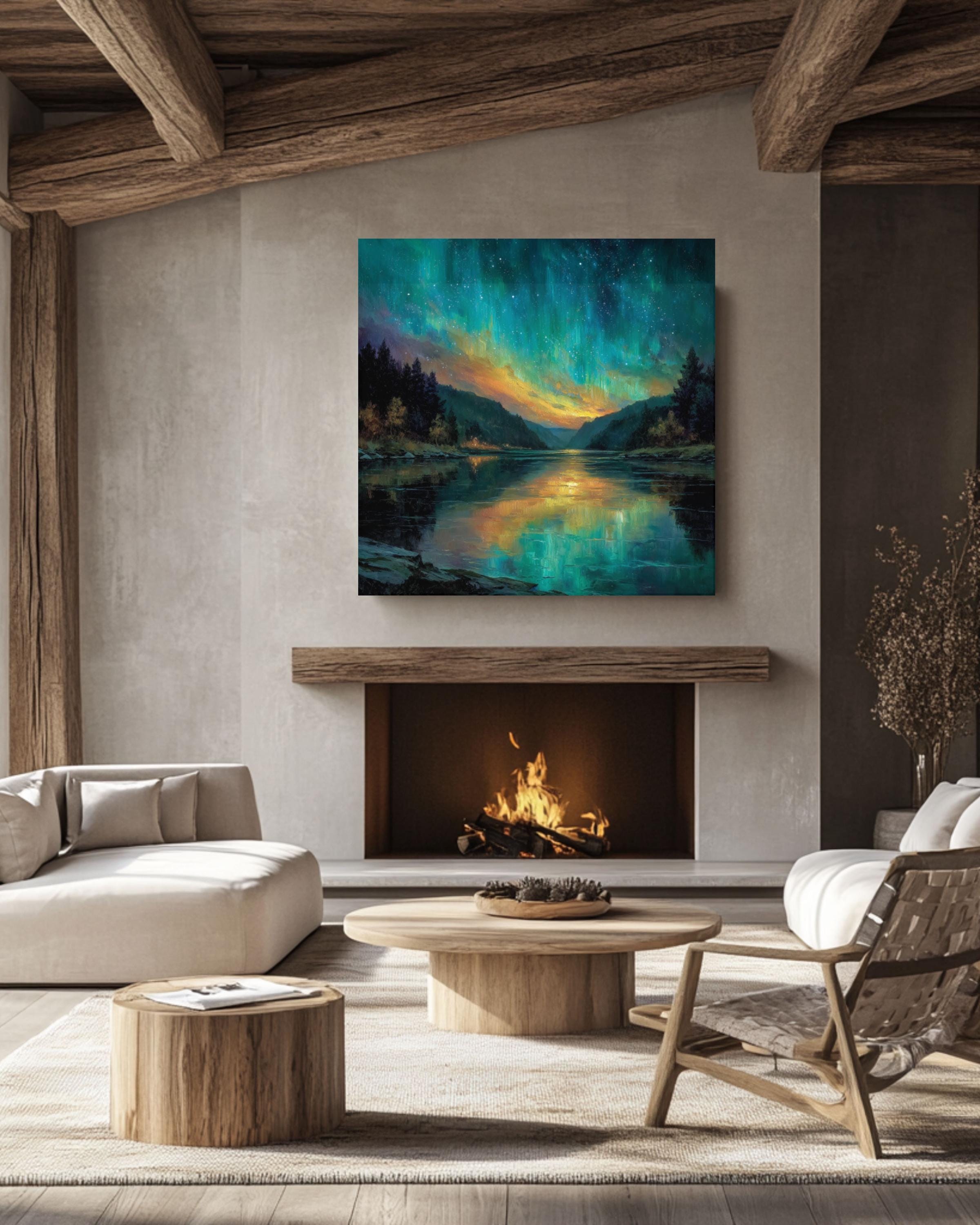 Northern Lights Aurora Borealis Wall Art – Turquoise Orange Sky Landscape Canvas Print