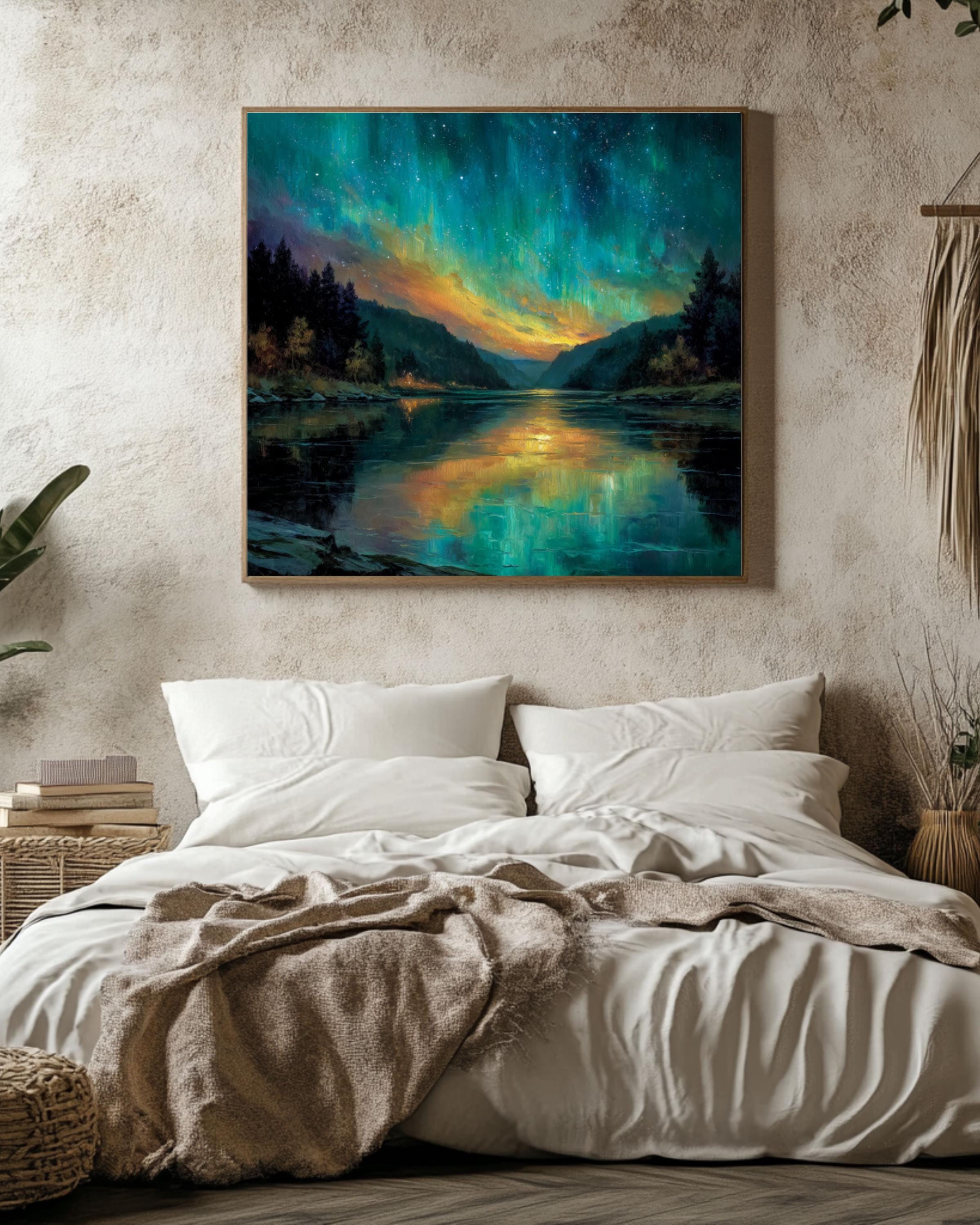 Northern Lights Aurora Borealis Wall Art – Turquoise Orange Sky Landscape Canvas Print