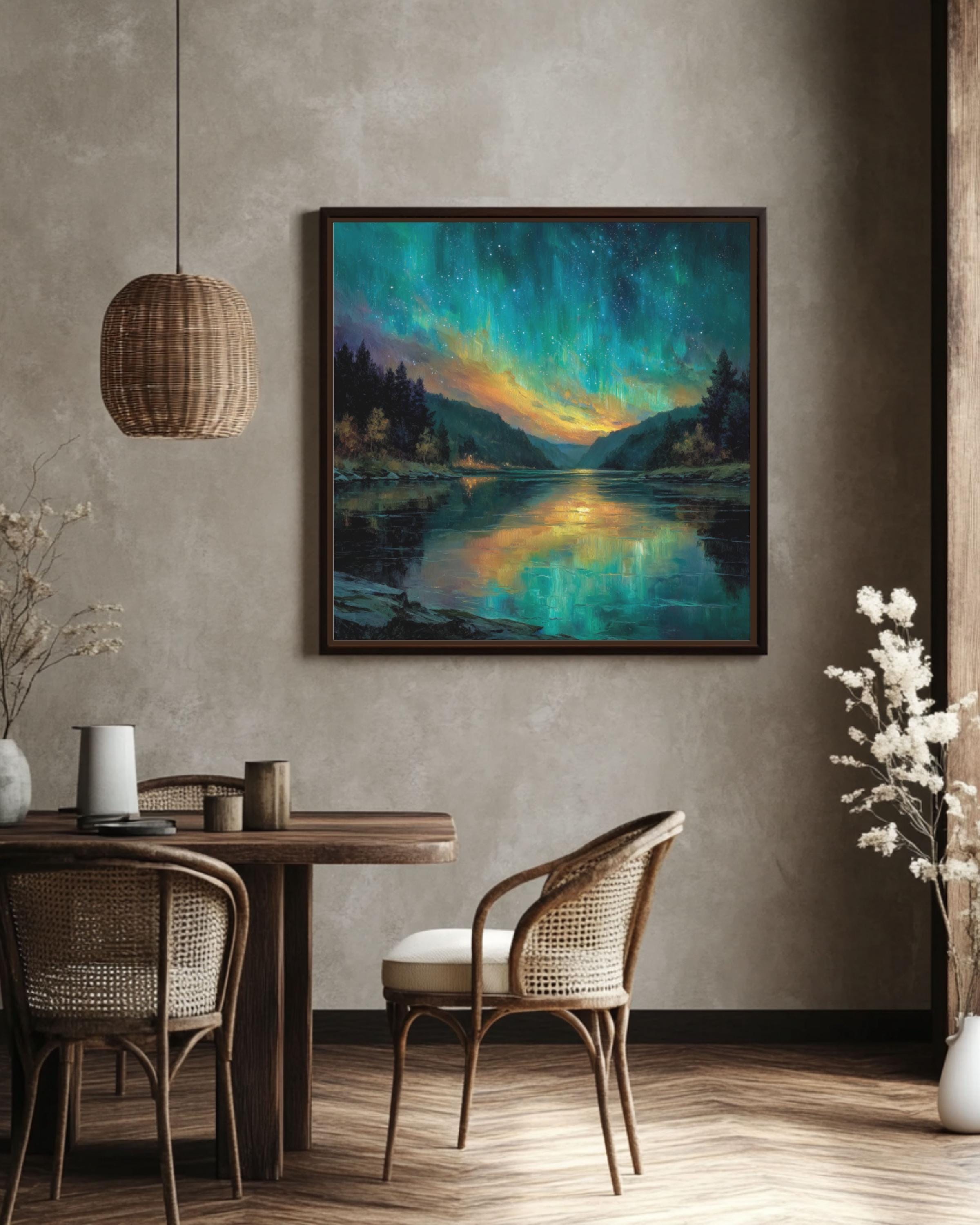 Northern Lights Aurora Borealis Wall Art – Turquoise Orange Sky Landscape Canvas Print