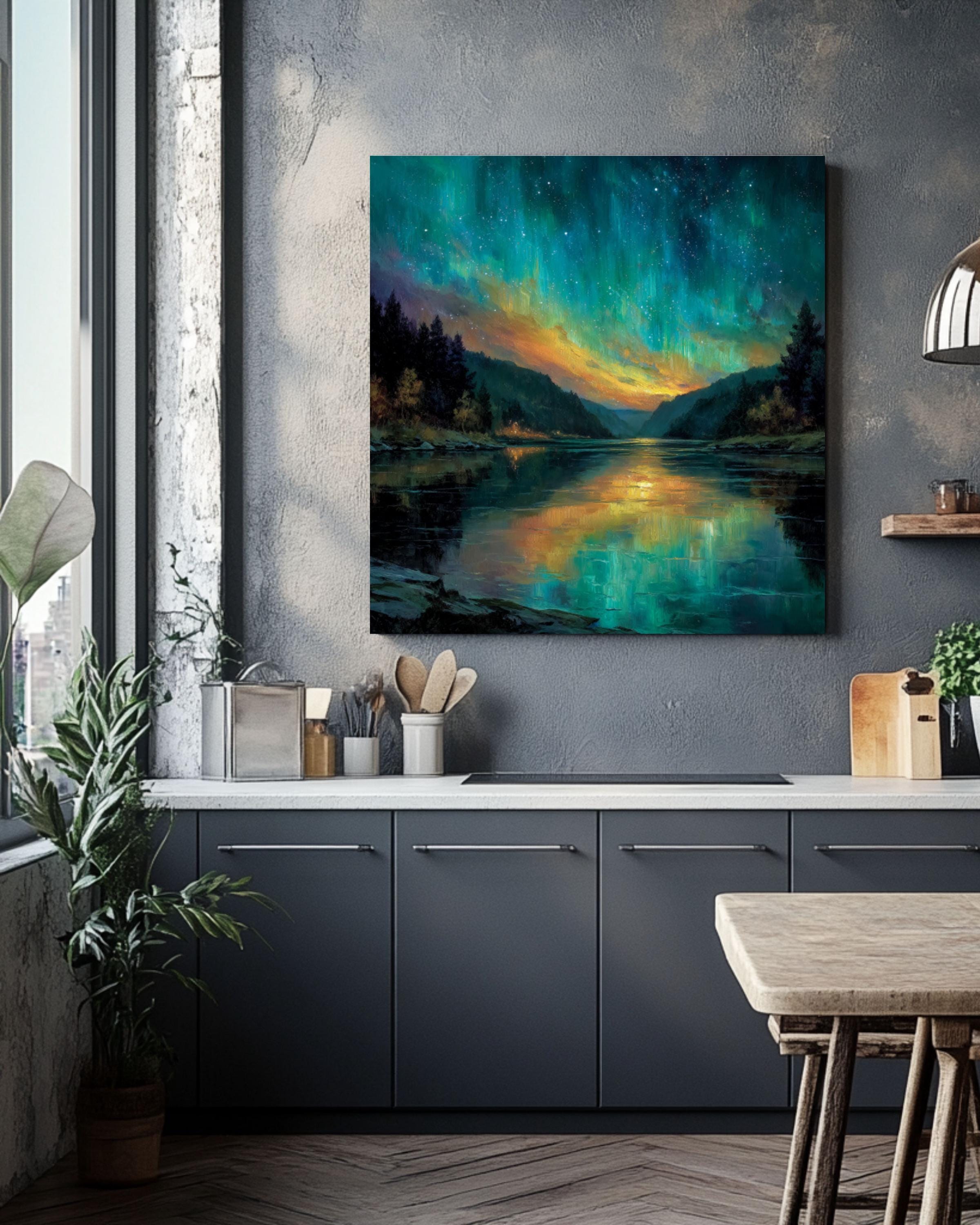 Northern Lights Aurora Borealis Wall Art – Turquoise Orange Sky Landscape Canvas Print