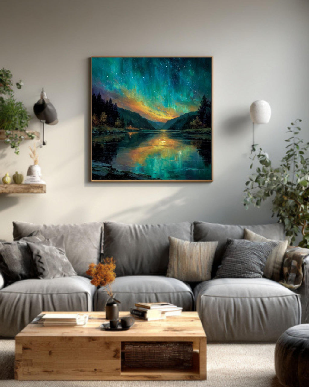 Northern Lights Aurora Borealis Wall Art – Turquoise Orange Sky Landscape Canvas Print