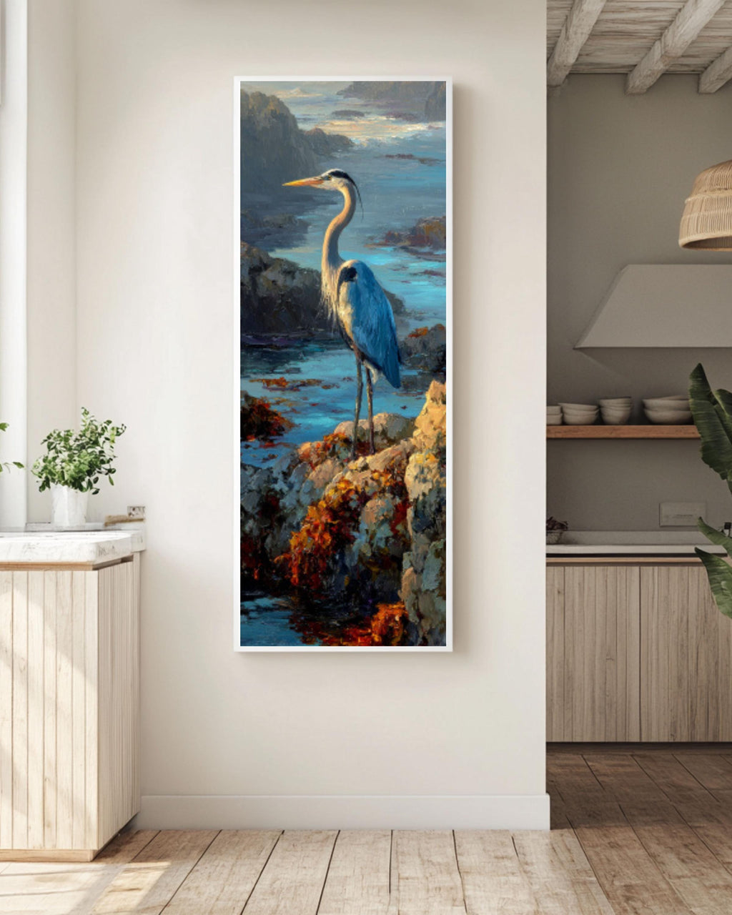 Blue Heron Coastal Wall Art – Nautical Bird Canvas Painting