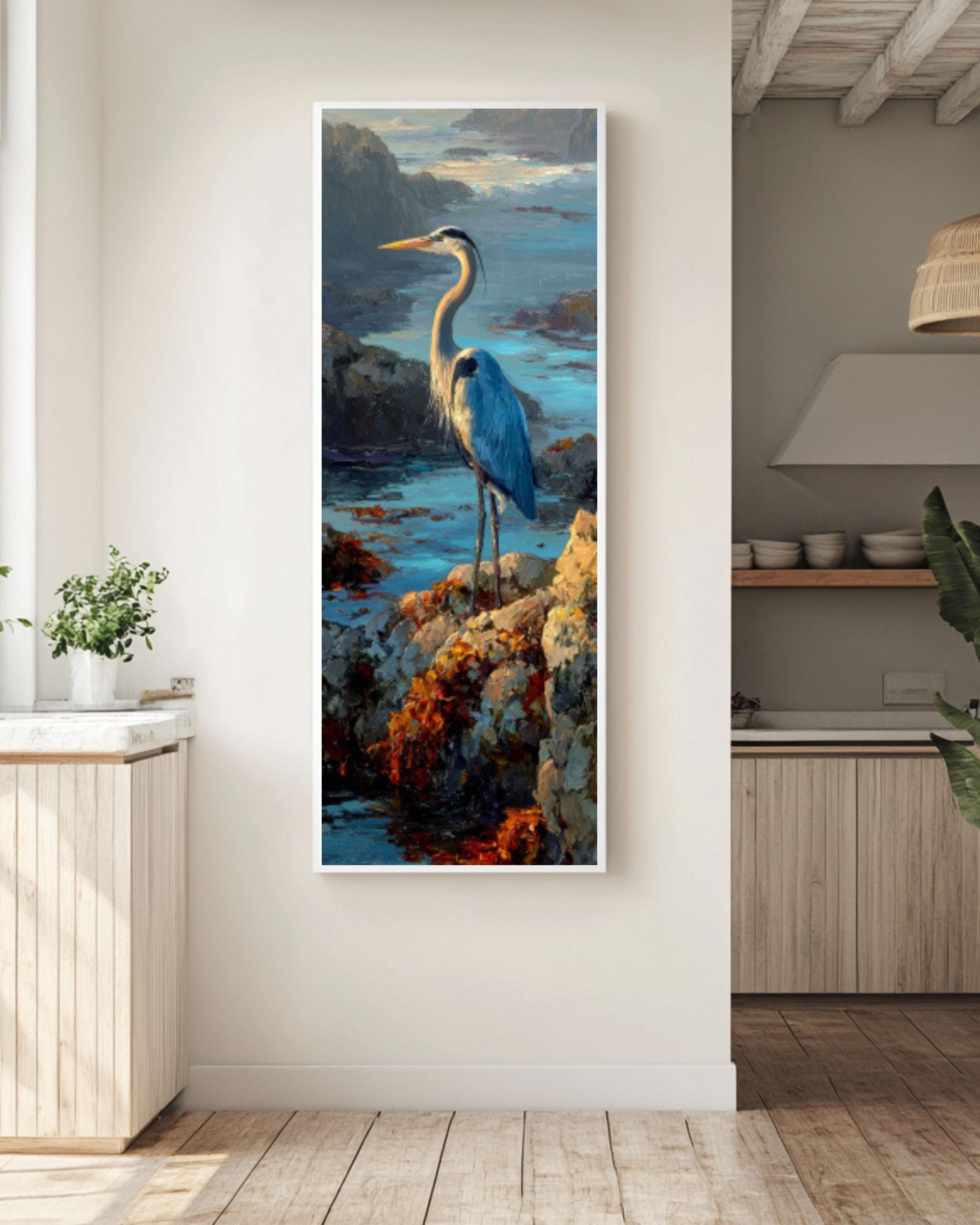Blue Heron Coastal Wall Art – Nautical Bird Canvas Painting