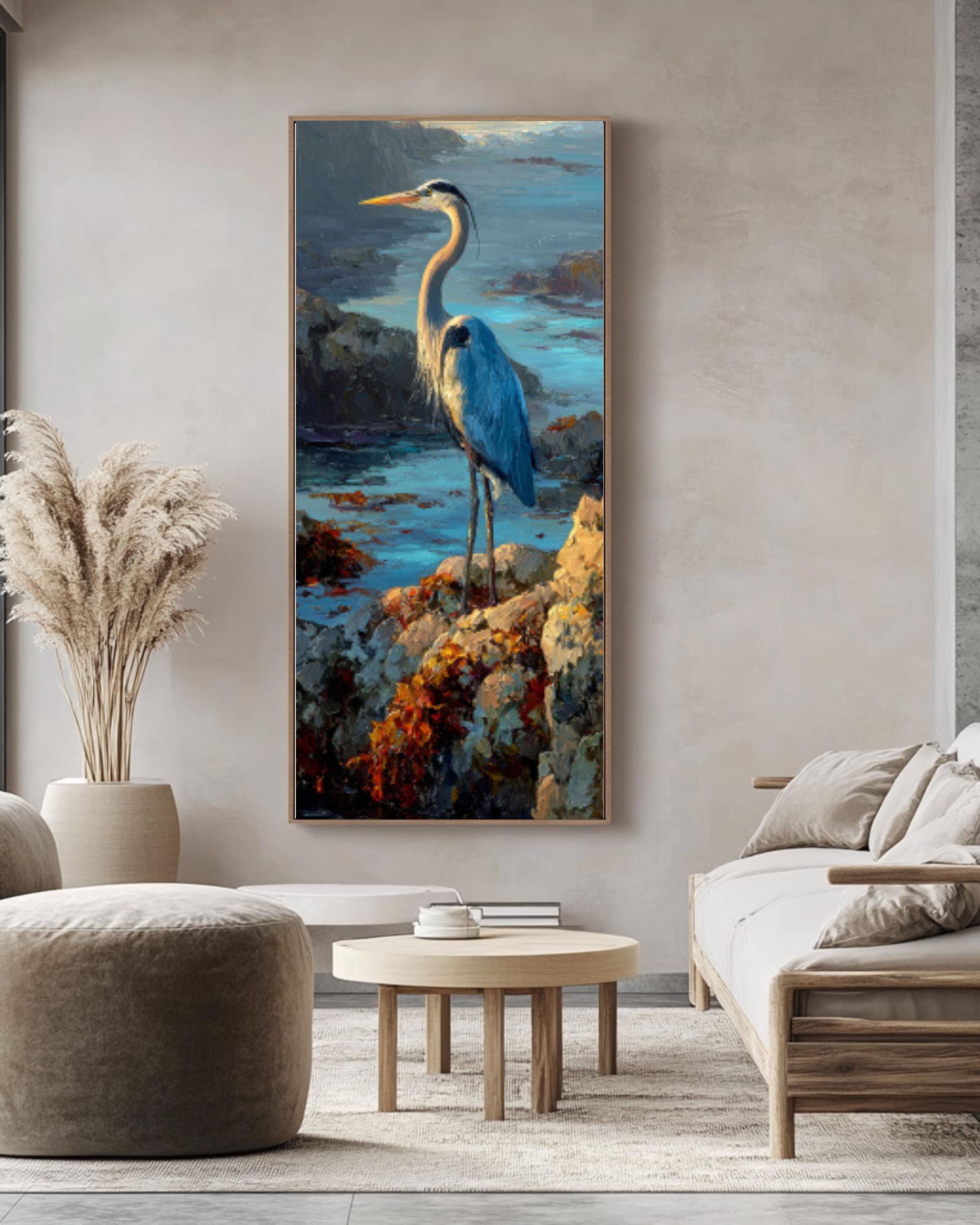 Blue Heron Coastal Wall Art – Nautical Bird Canvas Painting