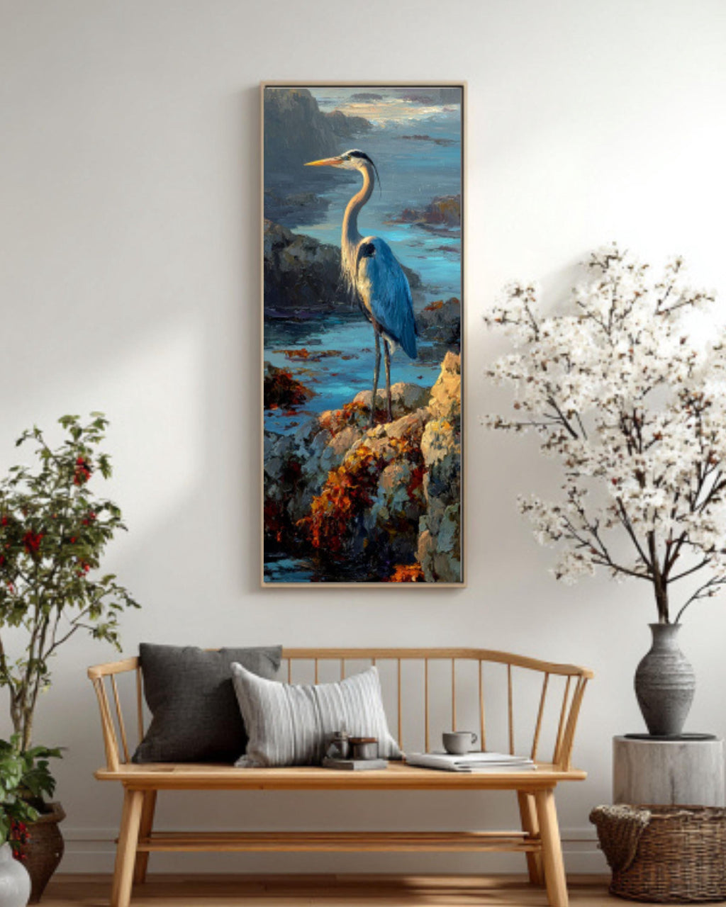 Blue Heron Coastal Wall Art – Nautical Bird Canvas Painting