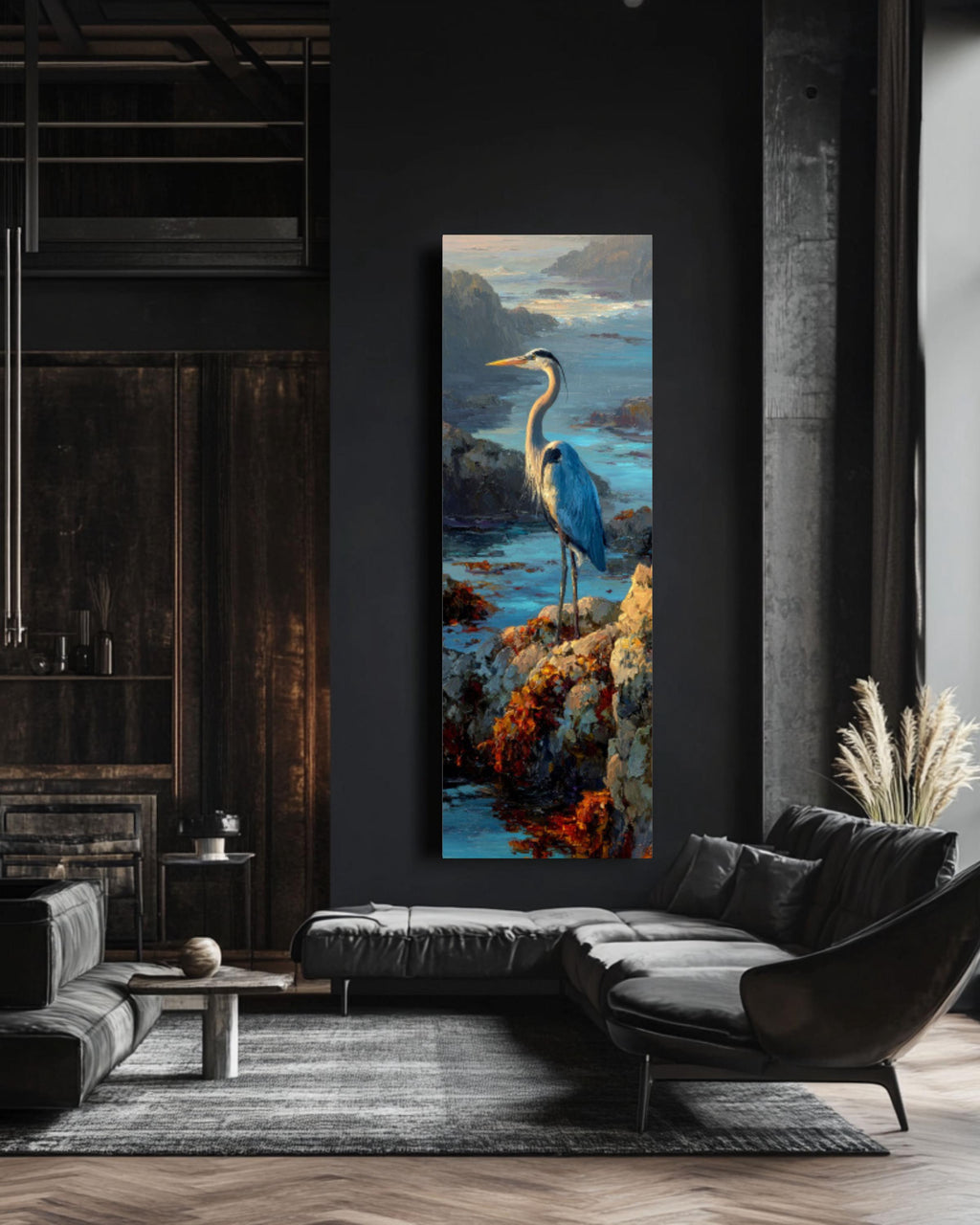 Blue Heron Coastal Wall Art – Nautical Bird Canvas Painting