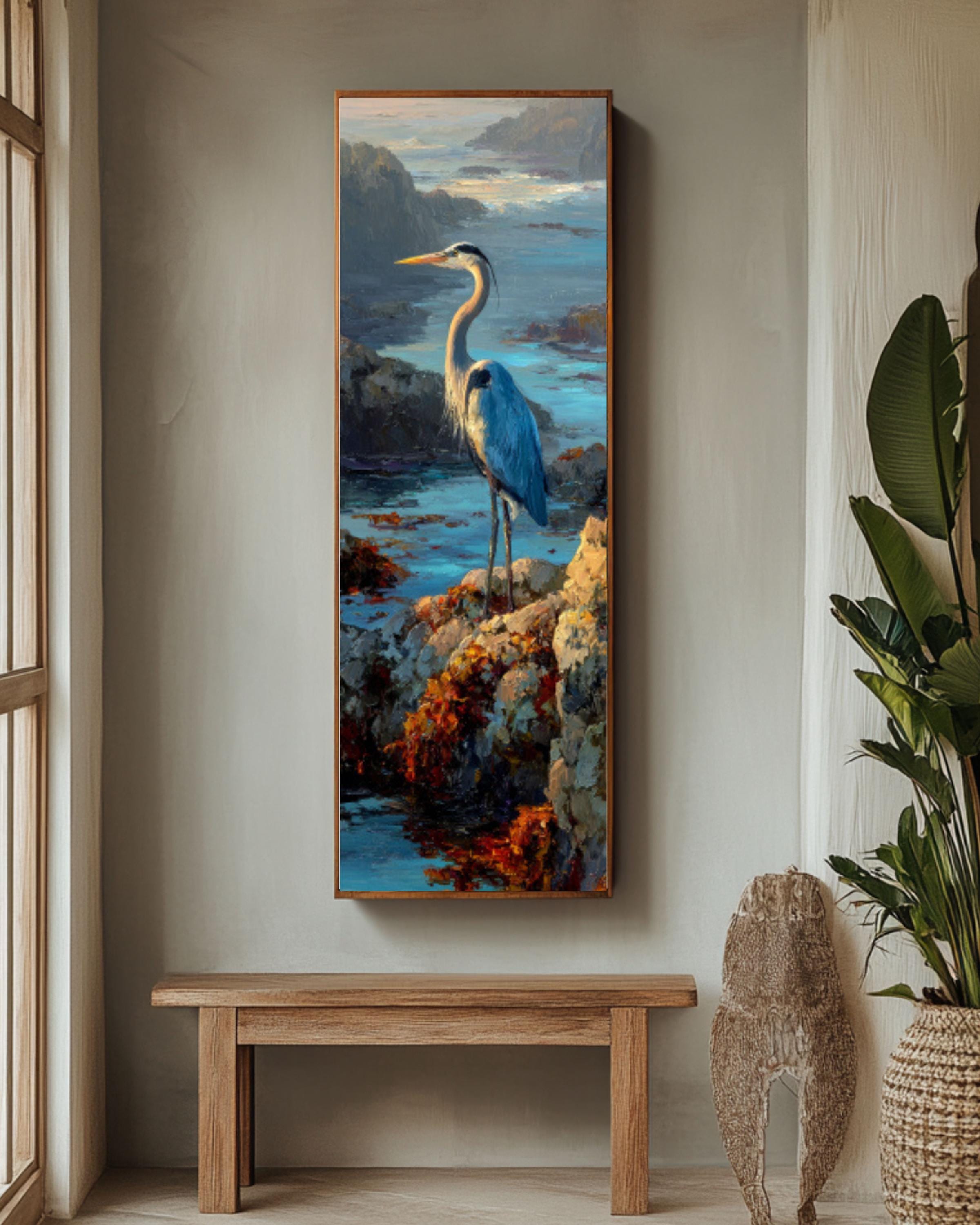 Blue Heron Coastal Wall Art – Nautical Bird Canvas Painting