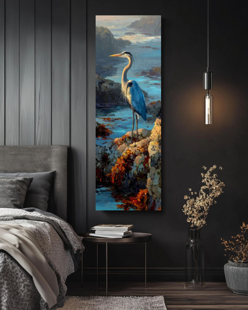 Blue Heron Coastal Wall Art – Nautical Bird Canvas Painting