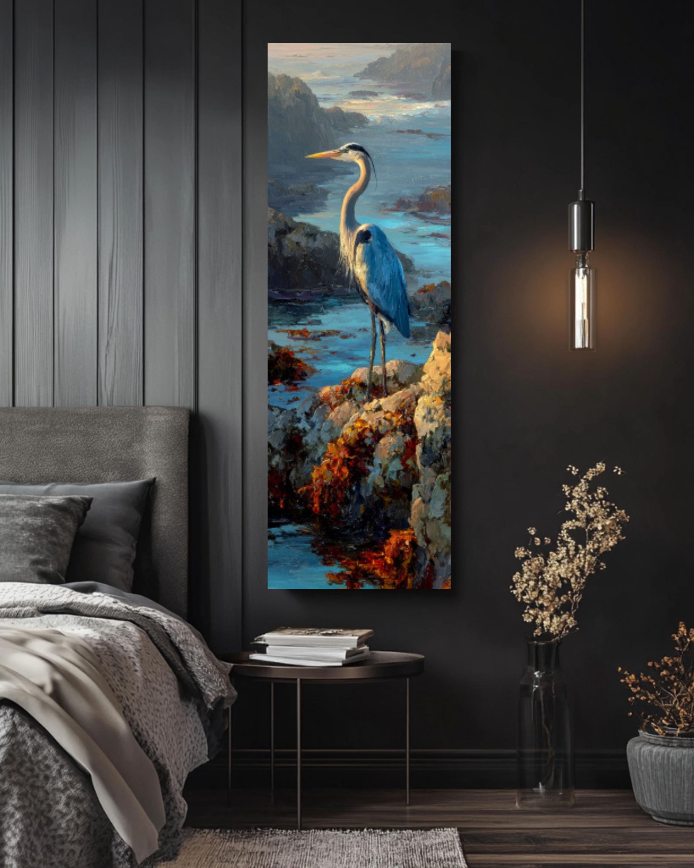 Blue Heron Coastal Wall Art – Nautical Bird Canvas Painting