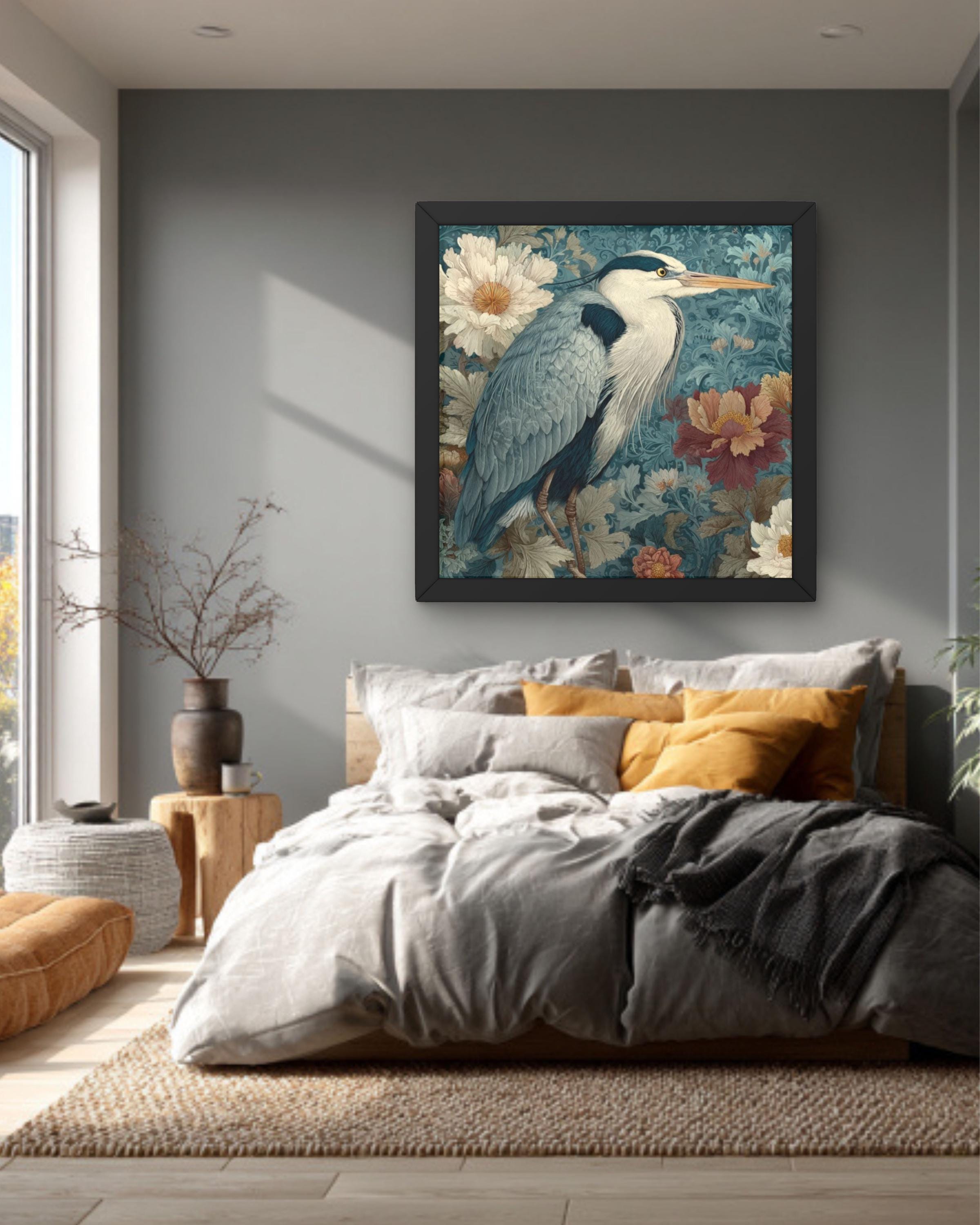 Gray Heron Watercolor Wall Art – William Morris Style Floral Tapestry Canvas Print