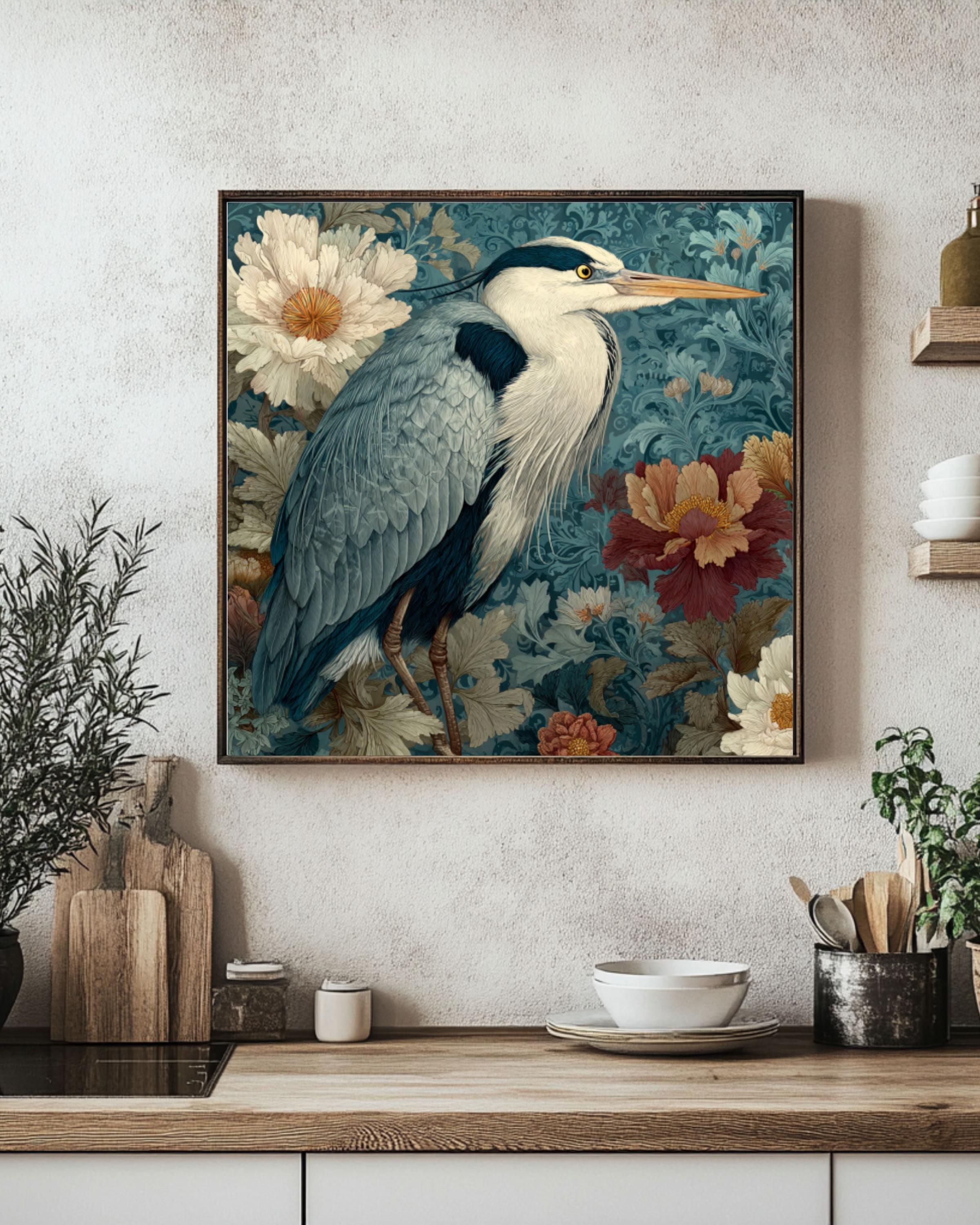 Gray Heron Watercolor Wall Art – William Morris Style Floral Tapestry Canvas Print