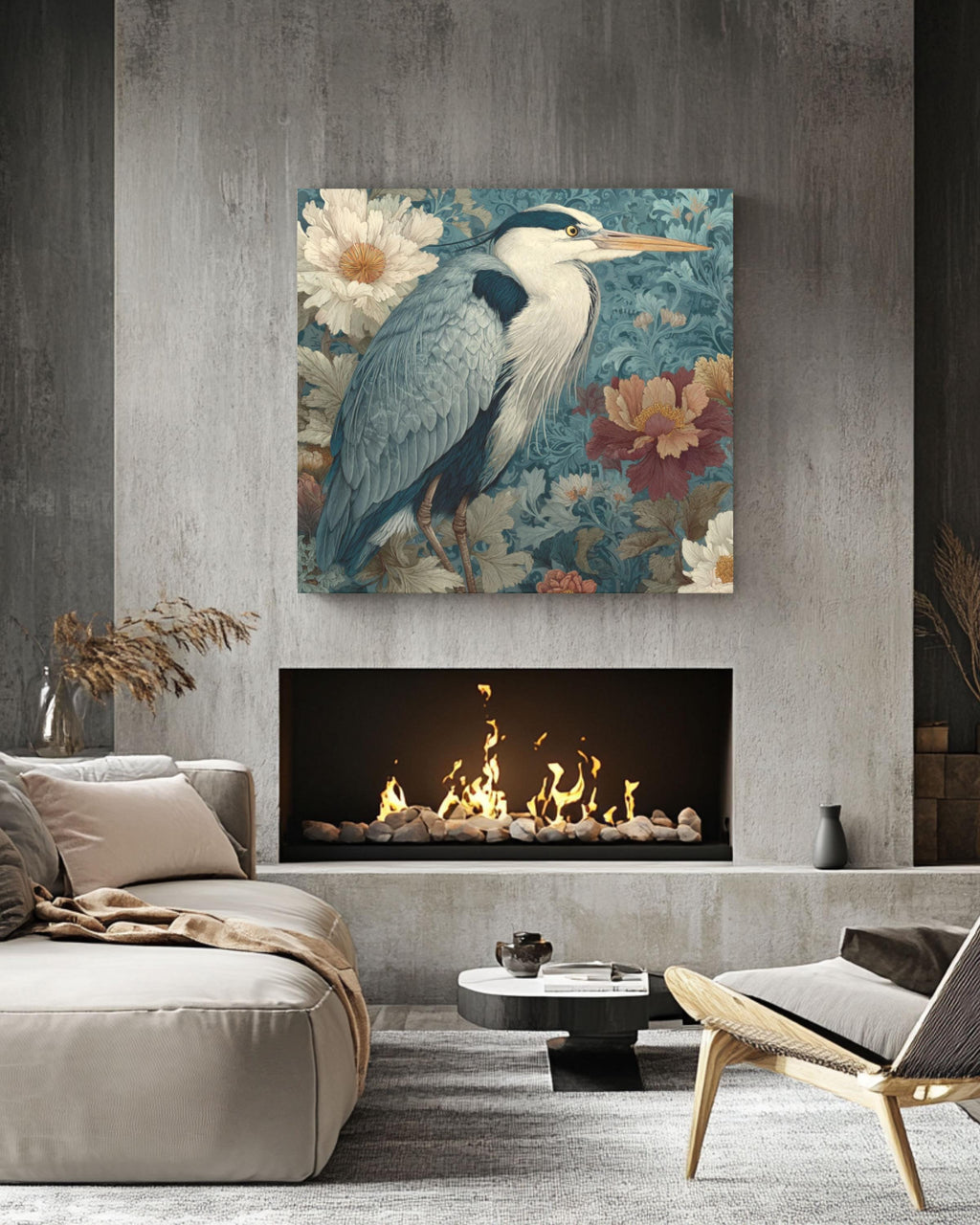 Gray Heron Watercolor Wall Art – William Morris Style Floral Tapestry Canvas Print