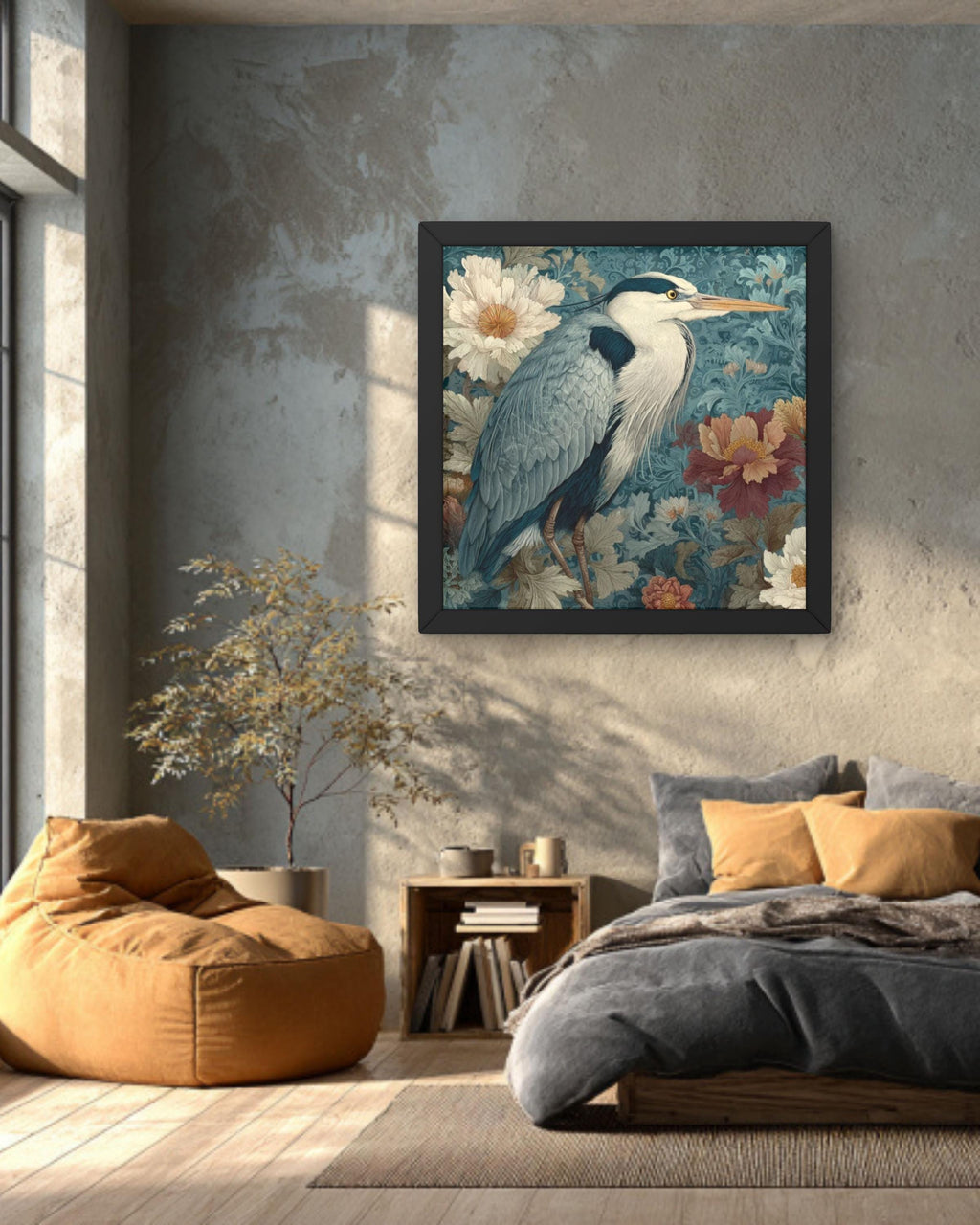 Gray Heron Watercolor Wall Art – William Morris Style Floral Tapestry Canvas Print