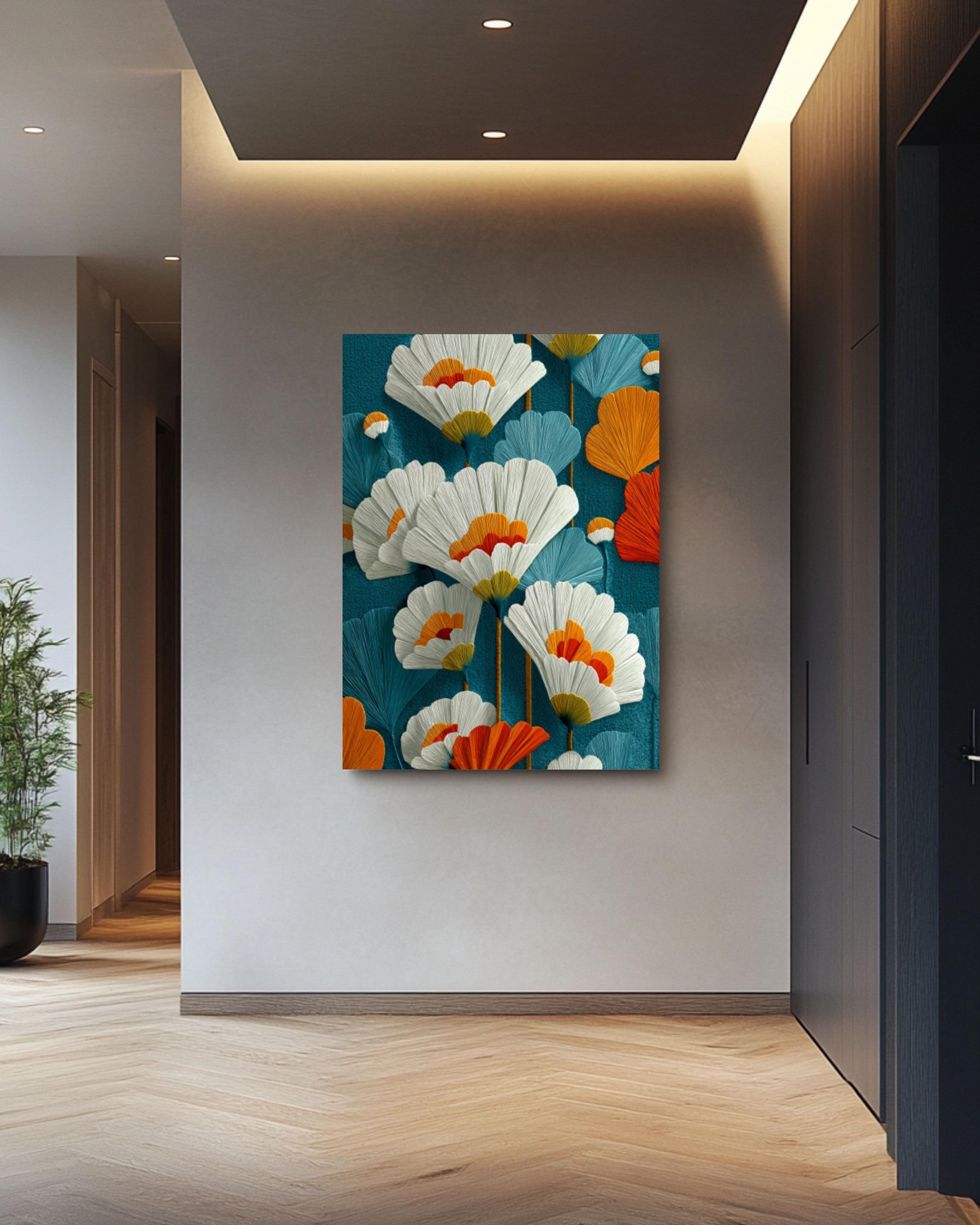 Mid-Century Modern Floral Wall Art – Teal Orange Botanical Canvas Print