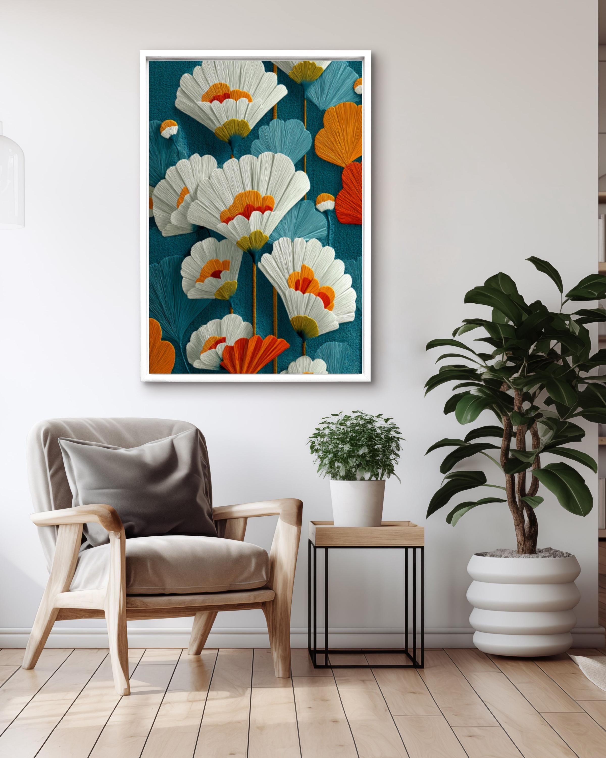 Mid-Century Modern Floral Wall Art – Teal Orange Botanical Canvas Print