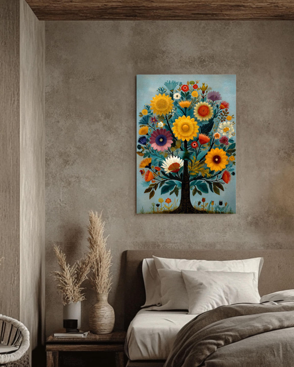 Folk Art Floral Tree Wall Art – Whimsical Naive Style Colorful Canvas Print