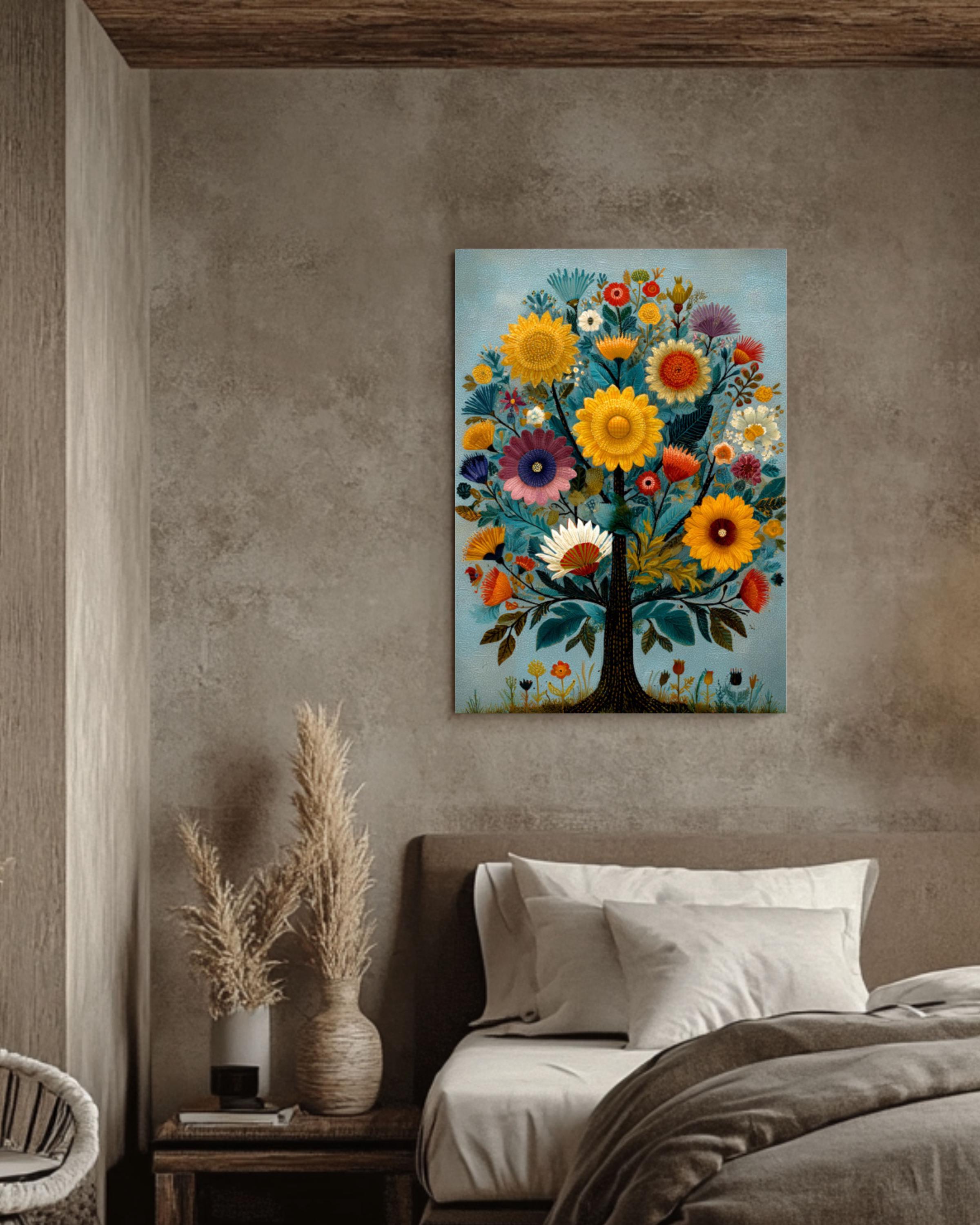 Folk Art Floral Tree Wall Art – Whimsical Naive Style Colorful Canvas Print