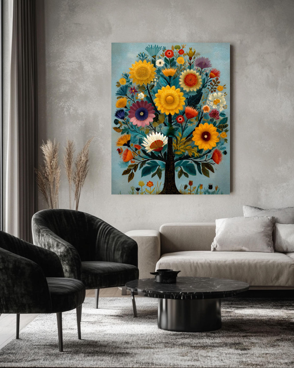 Folk Art Floral Tree Wall Art – Whimsical Naive Style Colorful Canvas Print