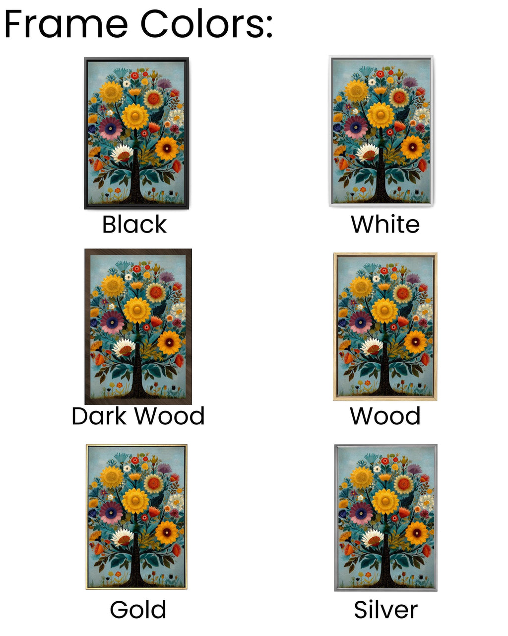 Folk Art Floral Tree Wall Art – Whimsical Naive Style Colorful Canvas Print