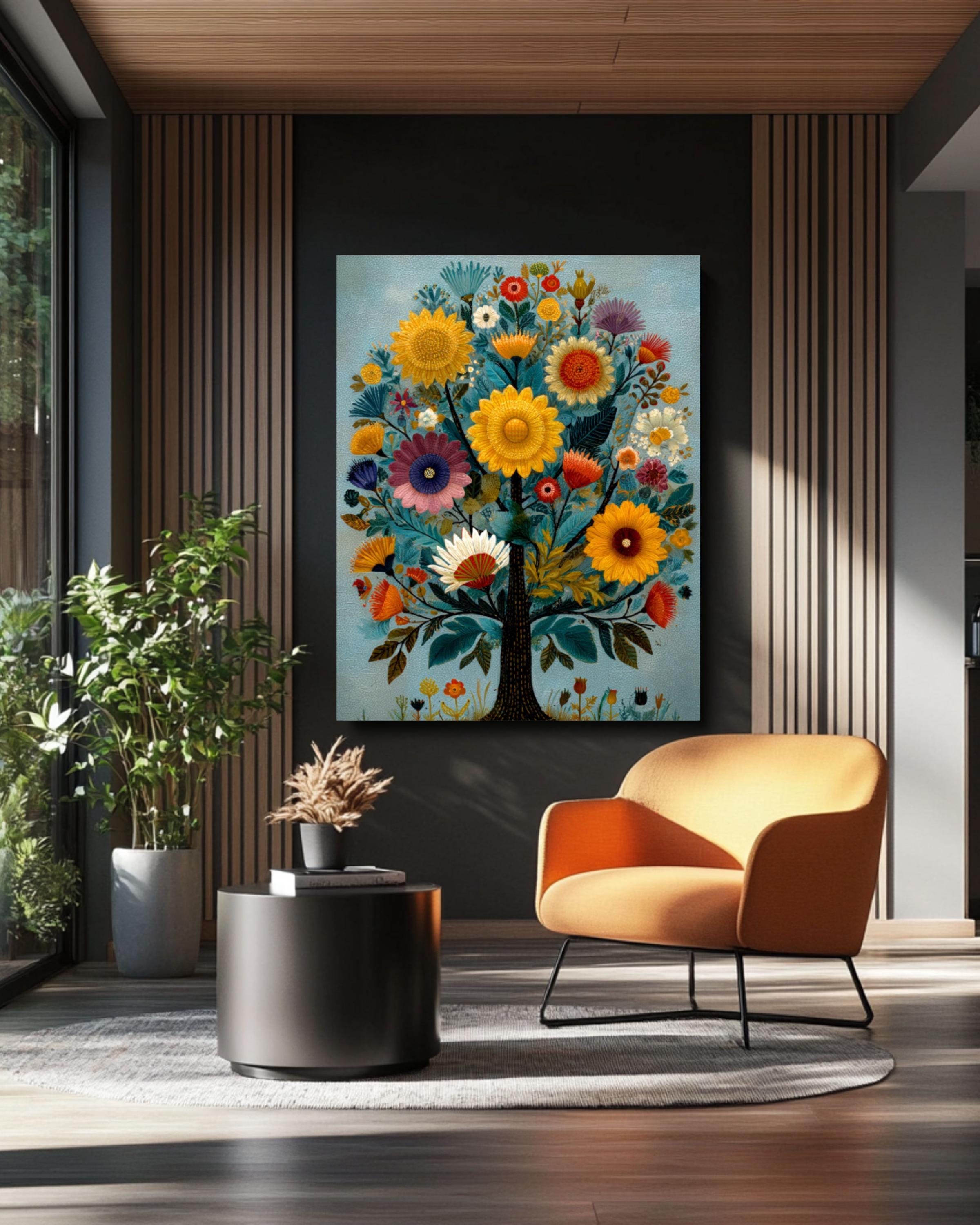 Folk Art Floral Tree Wall Art – Whimsical Naive Style Colorful Canvas Print